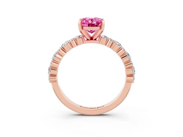 Rose gold Oval Cut Pink Sapphire Side Stone Solitaire Ring with Round  and Four-Prong Setting