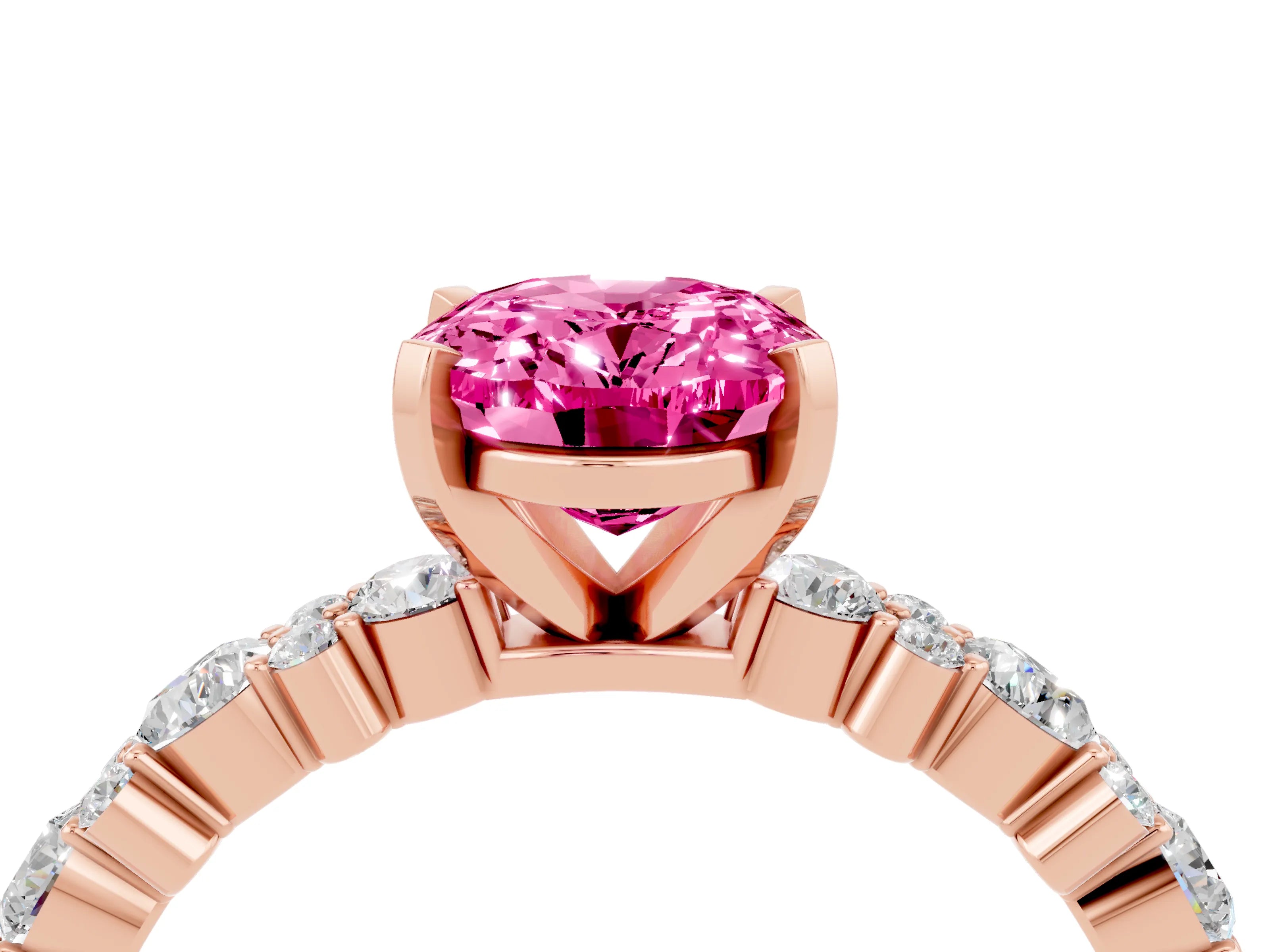 Rose gold Oval Cut Pink Sapphire Solitaire with Side Stones, Pave Band, Four-Prong Setting_64