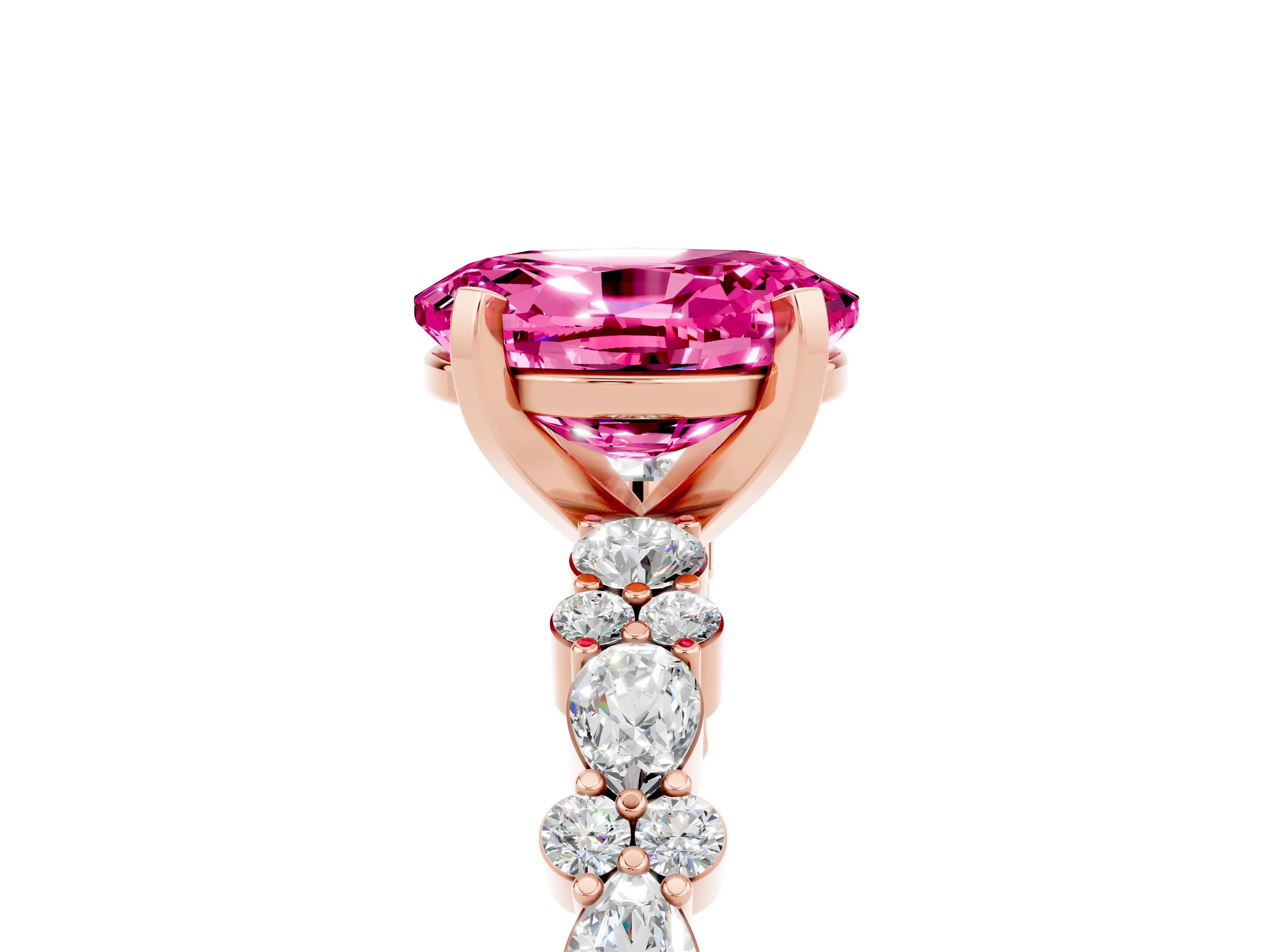 Rose gold Oval Cut Pink Sapphire Solitaire with Side Stones, Pave Band, Four-Prong Setting_65