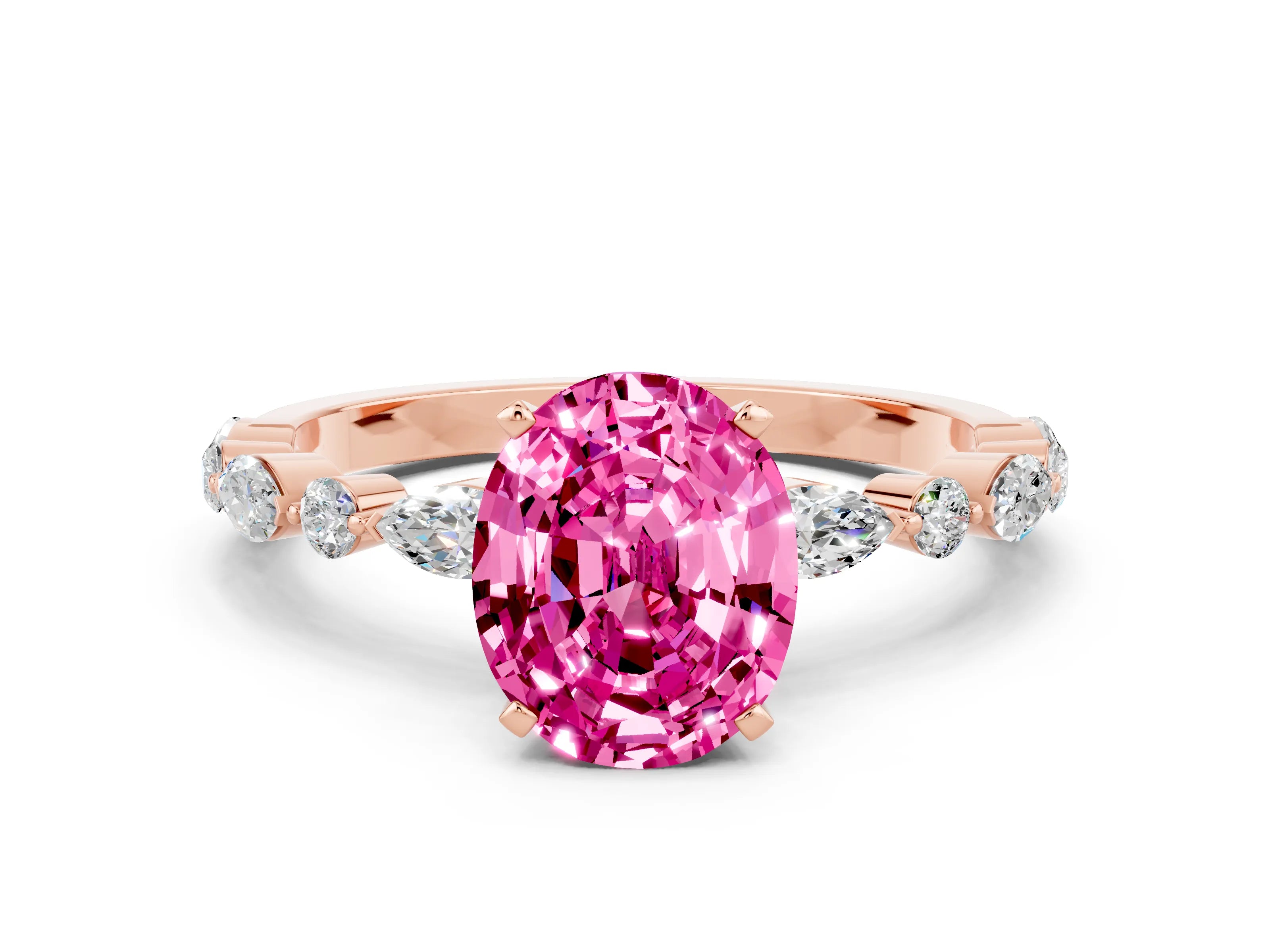 Rose gold Oval Cut Pink Sapphire Solitaire with Side Stones on a Pavé Band and Four-Prong Setting_24