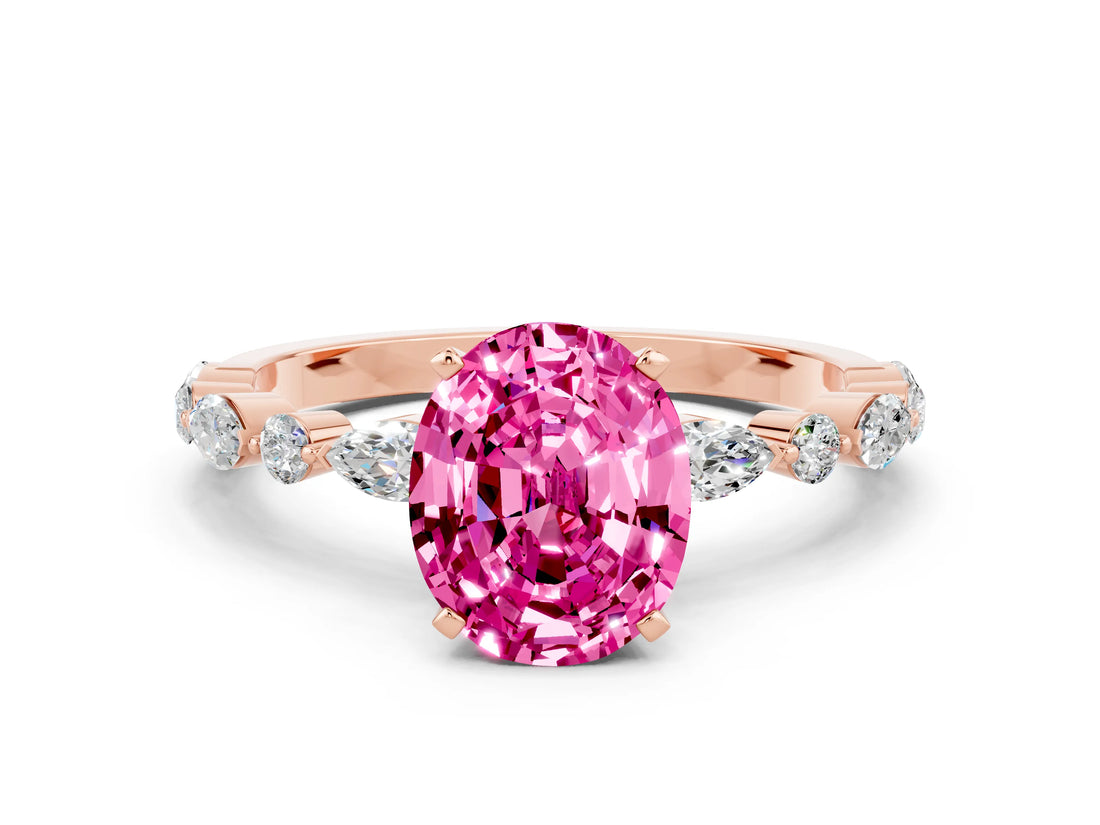Rose gold Oval Cut Pink Sapphire Solitaire with Side Stones on a Pavé Band and Four-Prong Setting_24