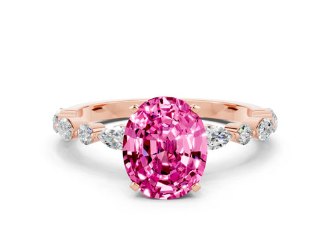 Rose gold Oval Cut Pink Sapphire Solitaire with Side Stones on a Pavé Band and Four-Prong Setting_24