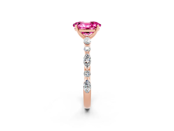 Rose gold Oval Cut Pink Sapphire Ring with Marquise and Round  Side Stones and Four-Prong Setting