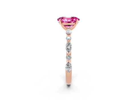 Rose gold Oval Cut Pink Sapphire Solitaire with Side Stones on a Pavé Band and Four-Prong Setting_26