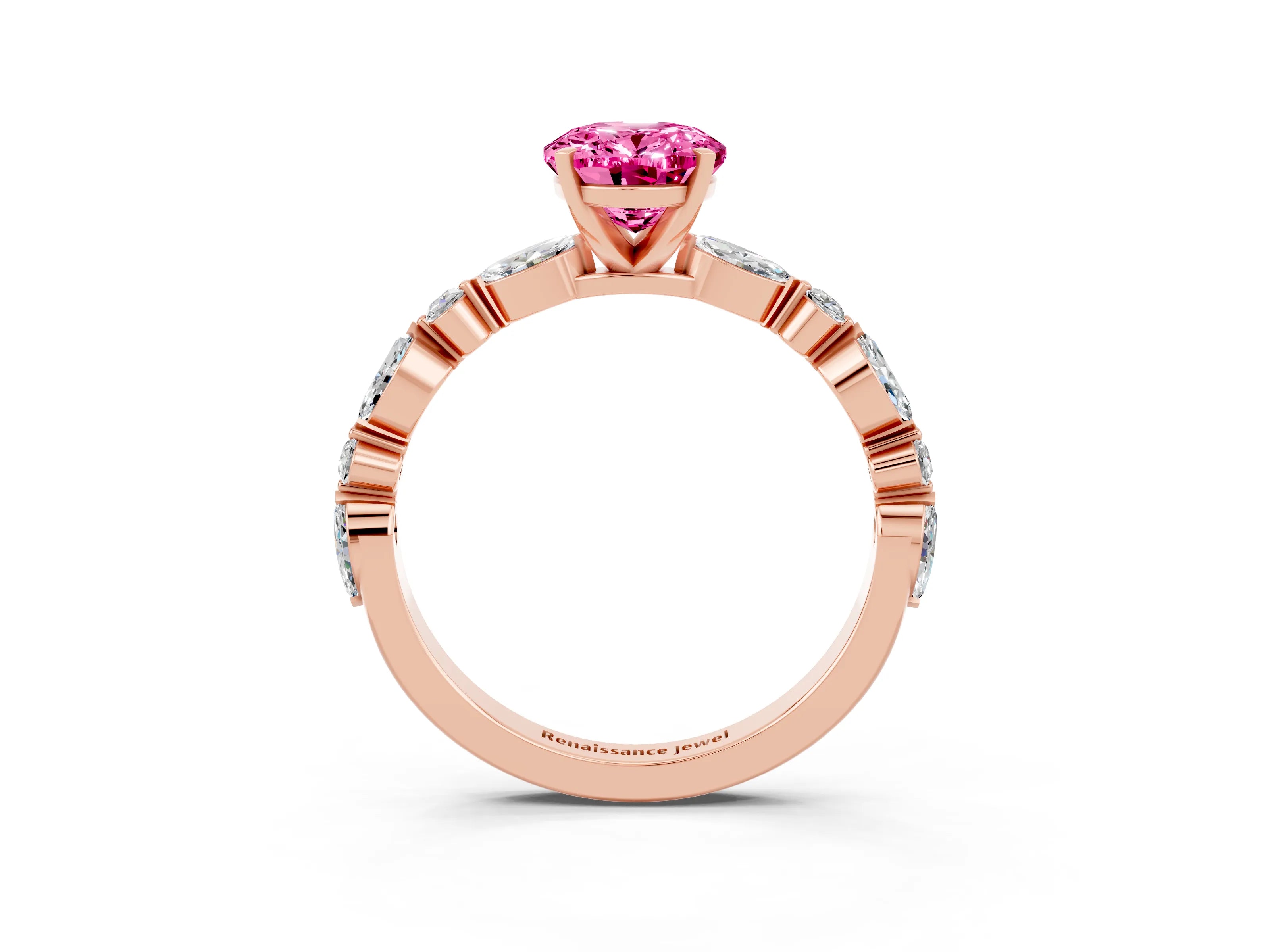 Rose gold Oval Cut Pink Sapphire Solitaire with Side Stones on a Pavé Band and Four-Prong Setting_27