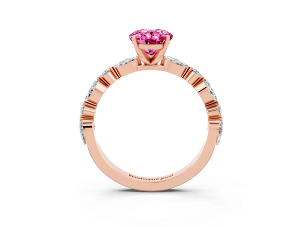 Rose gold Oval Cut Pink Sapphire Ring with Marquise and Round  Side Stones and Four-Prong Setting