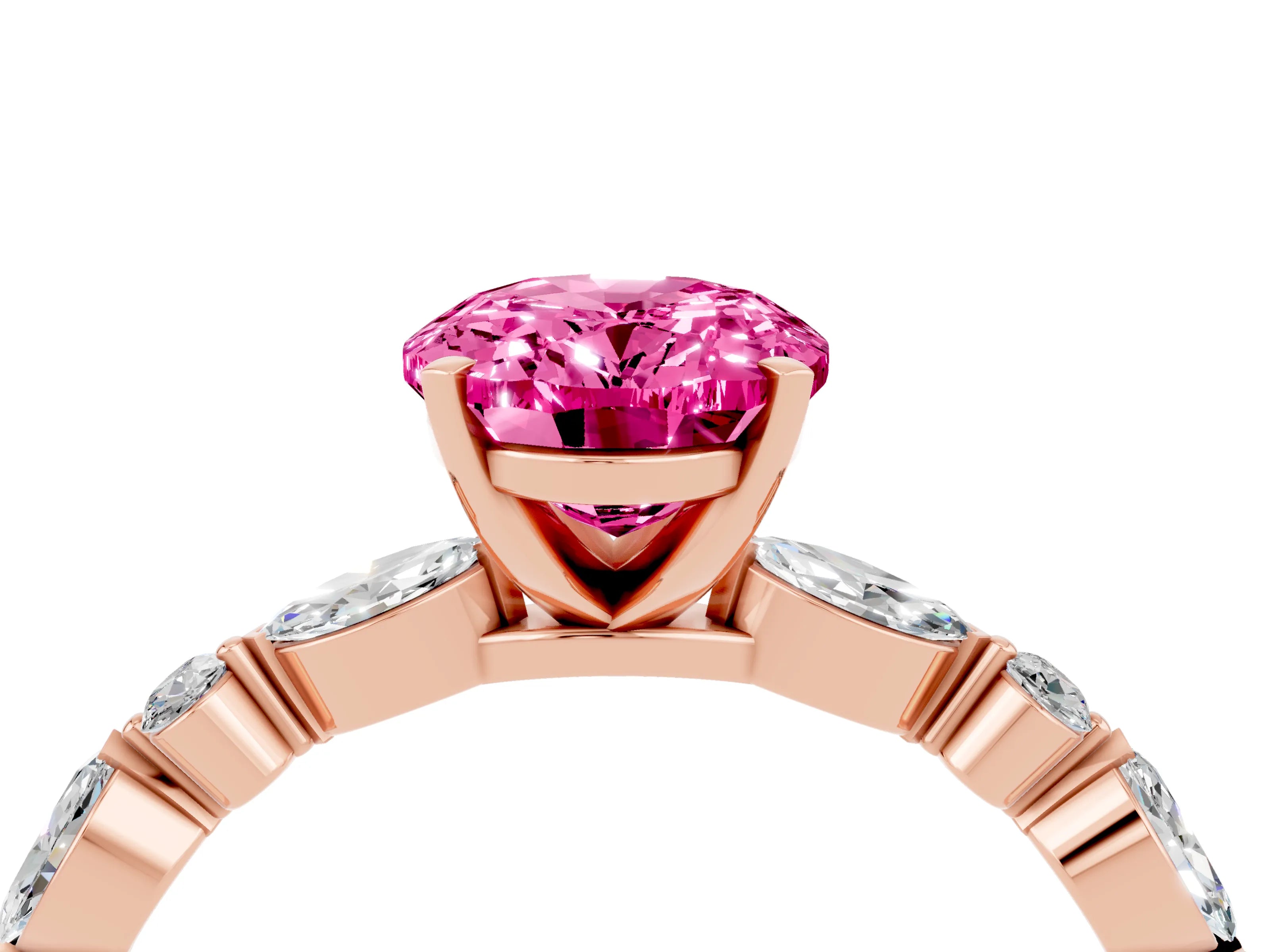 Rose gold Oval Cut Pink Sapphire Solitaire with Side Stones on a Pavé Band and Four-Prong Setting_28