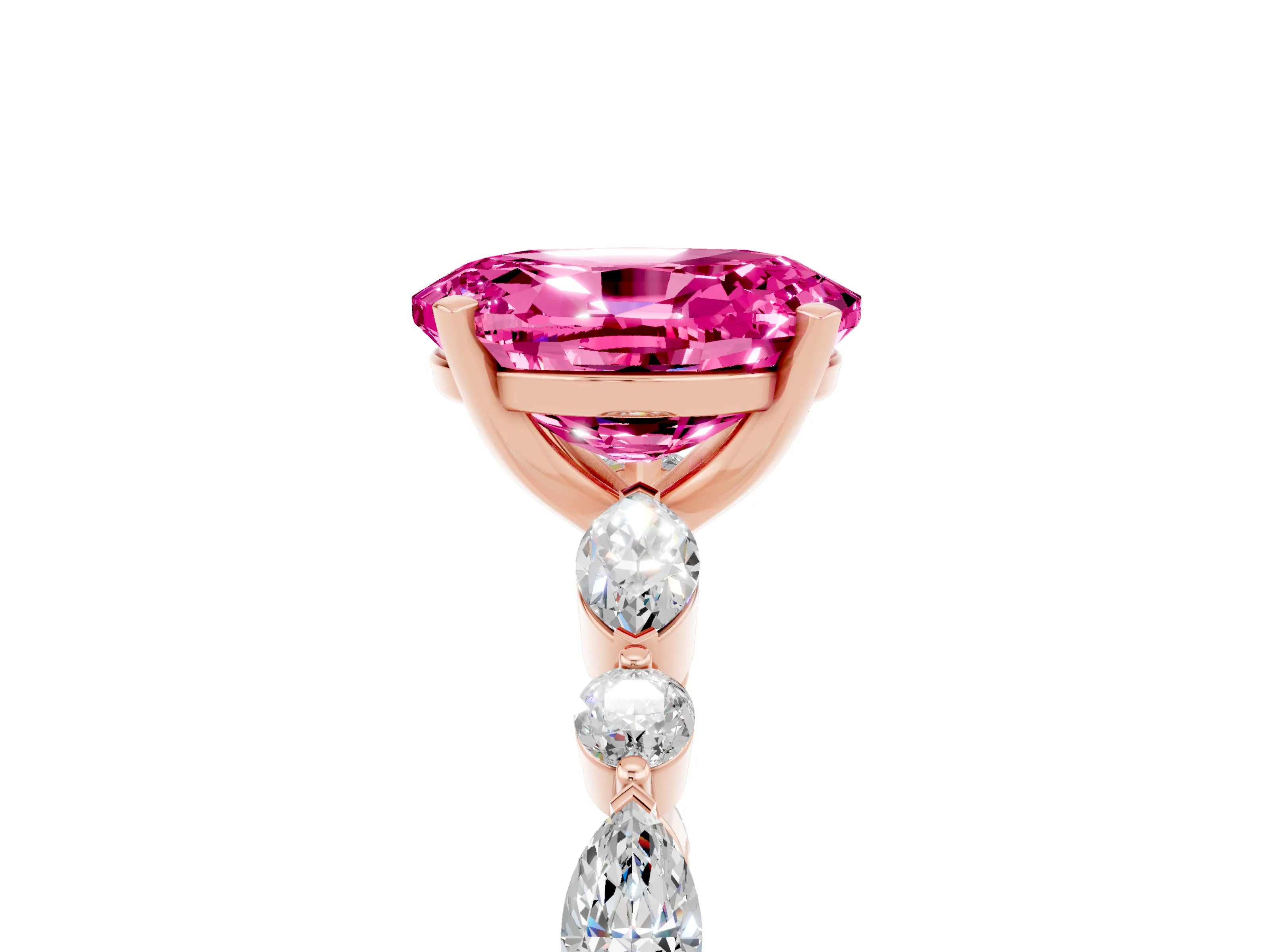 Rose gold Oval Cut Pink Sapphire Solitaire with Side Stones on a Pavé Band and Four-Prong Setting_29