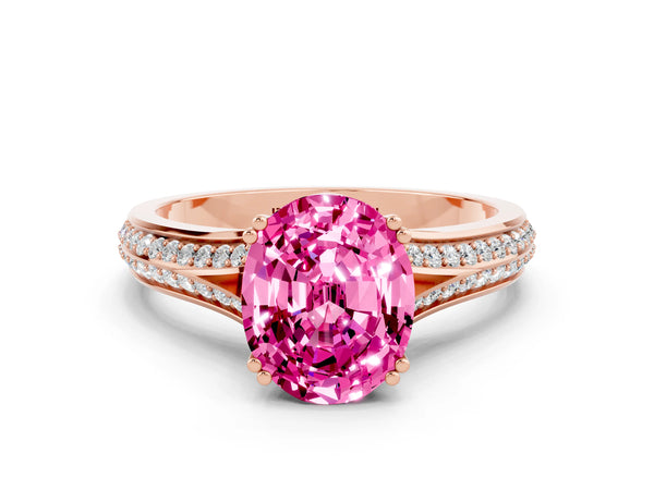 Rose gold Oval Cut Pink Sapphire Split Shank Engagement Ring with Pavé Band