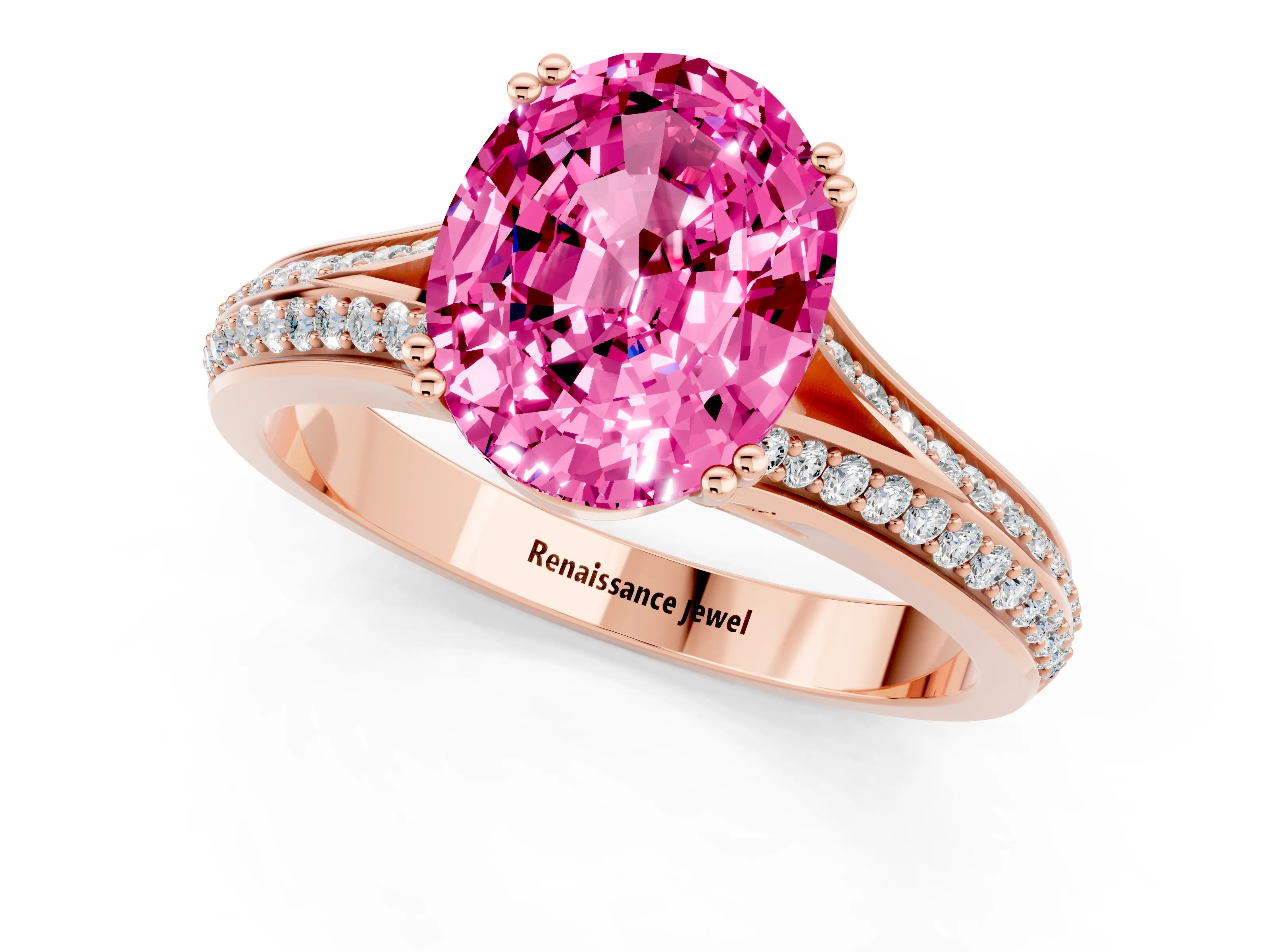 Rose gold Oval Cut Pink Sapphire Split Shank Engagement Ring with Pavé Band_25