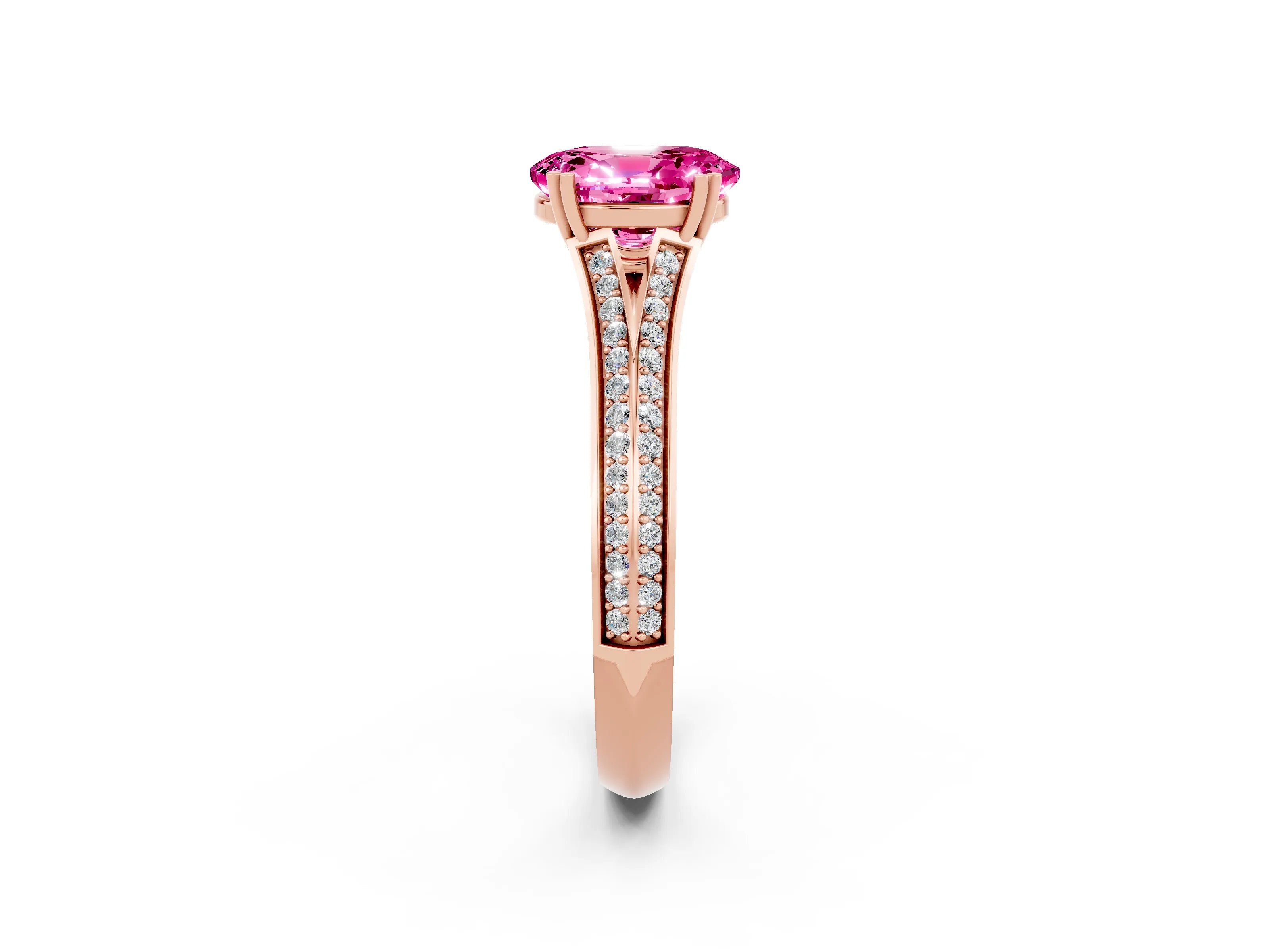 Rose gold Oval Cut Pink Sapphire Split Shank Engagement Ring with Pavé Band_26