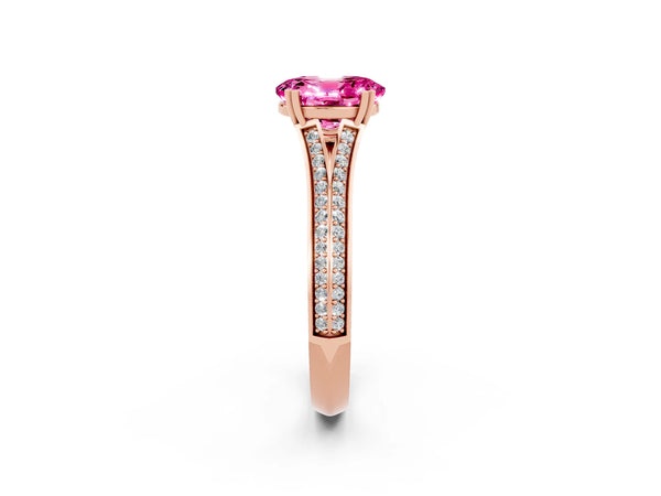 Rose gold Oval Cut Pink Sapphire Split Shank Engagement Ring with Pavé Band