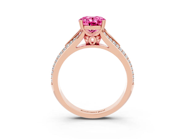 Rose gold Oval Cut Pink Sapphire Split Shank Engagement Ring with Pavé Band