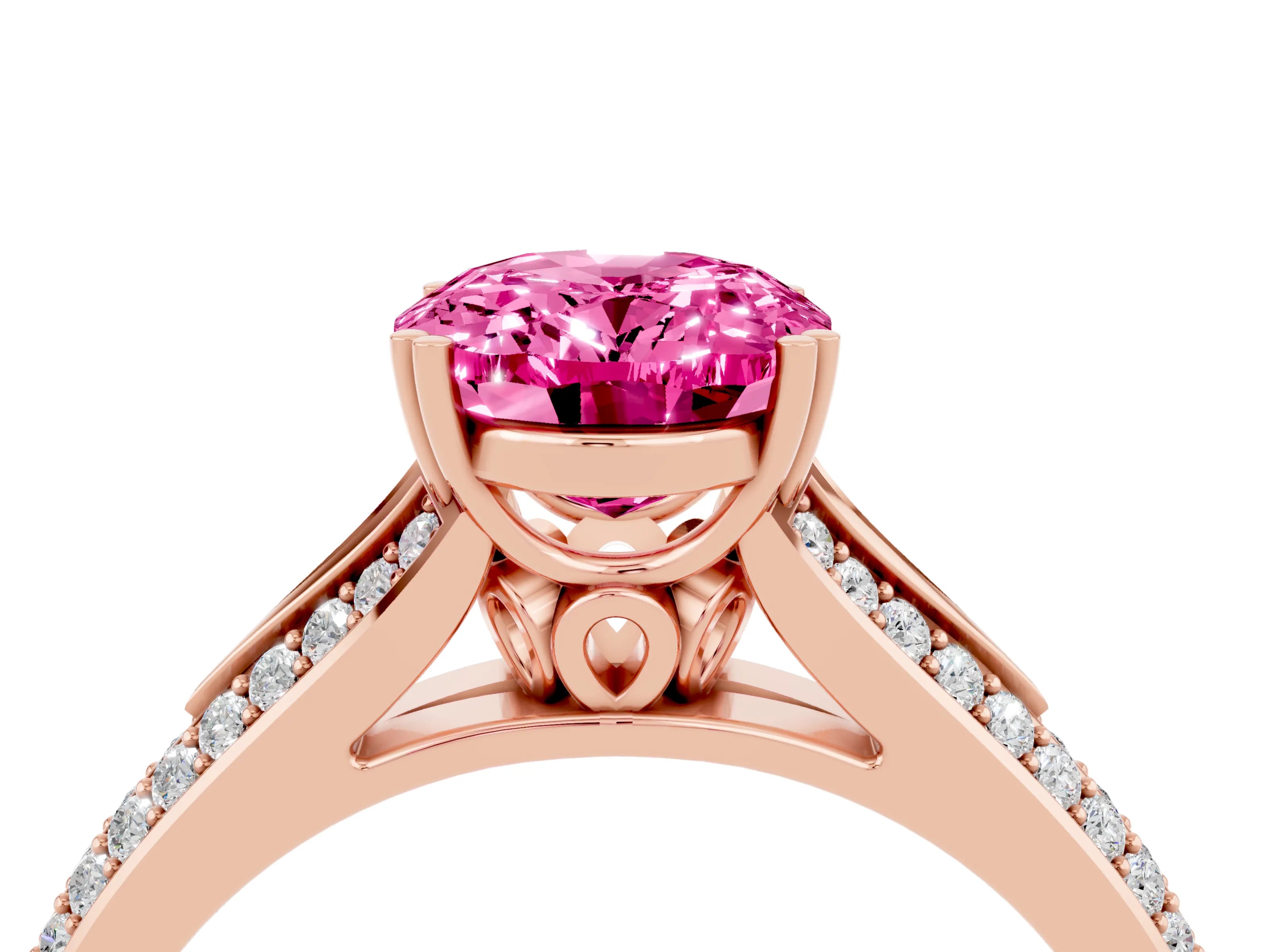 Rose gold Oval Cut Pink Sapphire Split Shank Engagement Ring with Pavé Band_28