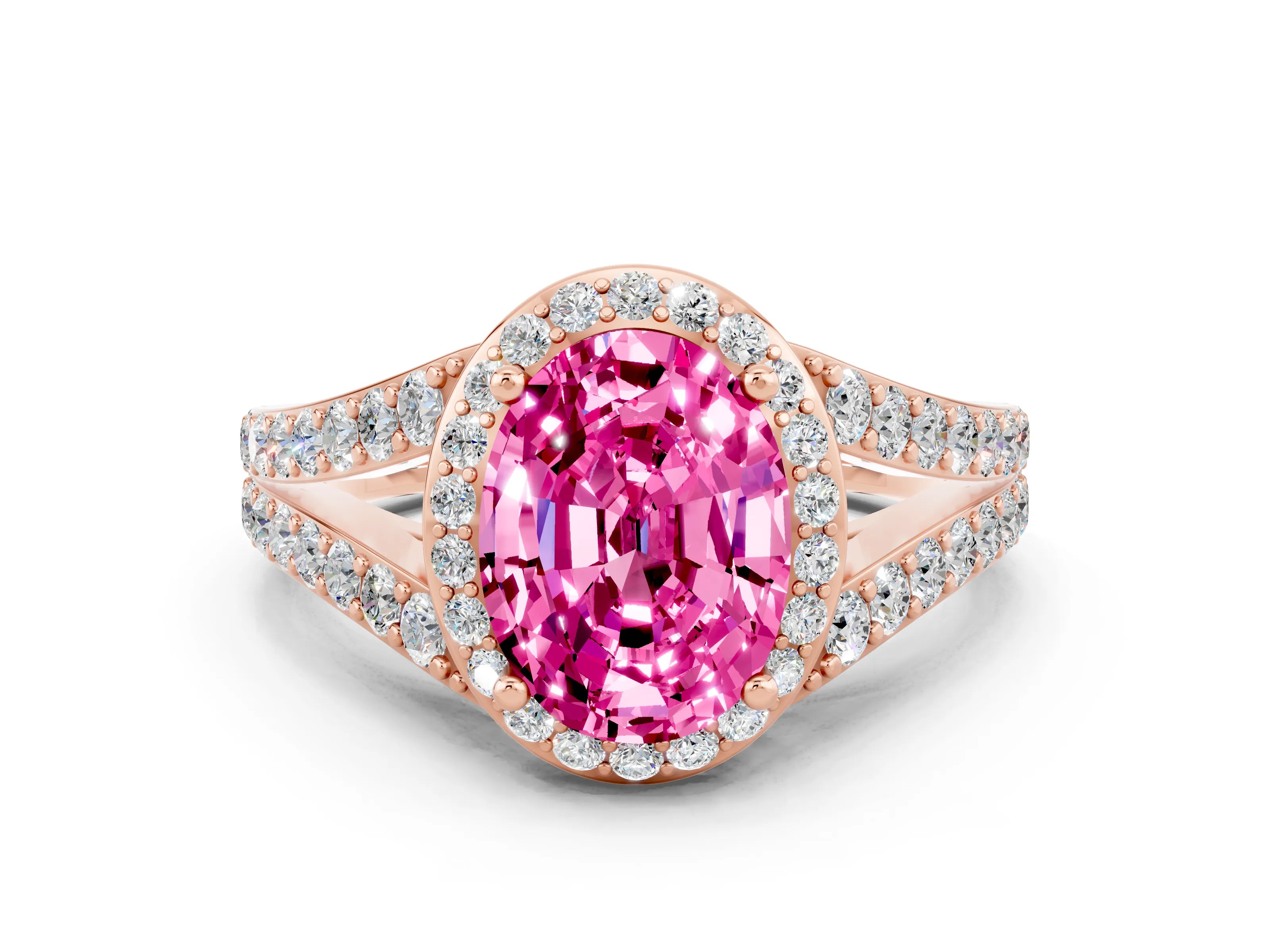 Rose gold Oval Cut Pink Sapphire Split Shank Halo Ring with Four-Prong Setting_12
