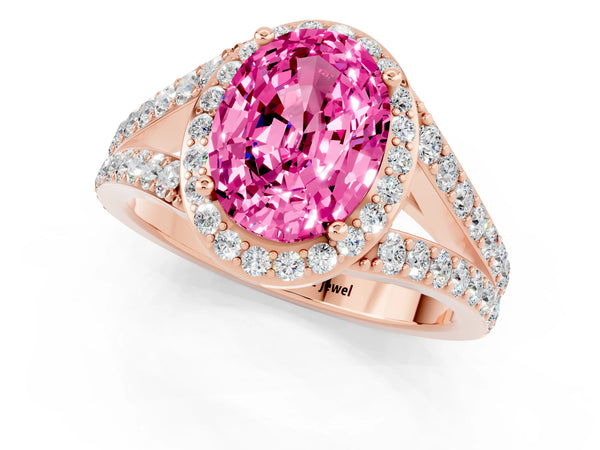 Rose gold Oval Cut Pink Sapphire Split Shank Halo Ring with Four-Prong Setting