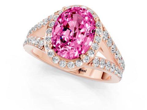 Rose gold Oval Cut Pink Sapphire Split Shank Halo Ring with Four-Prong Setting_13