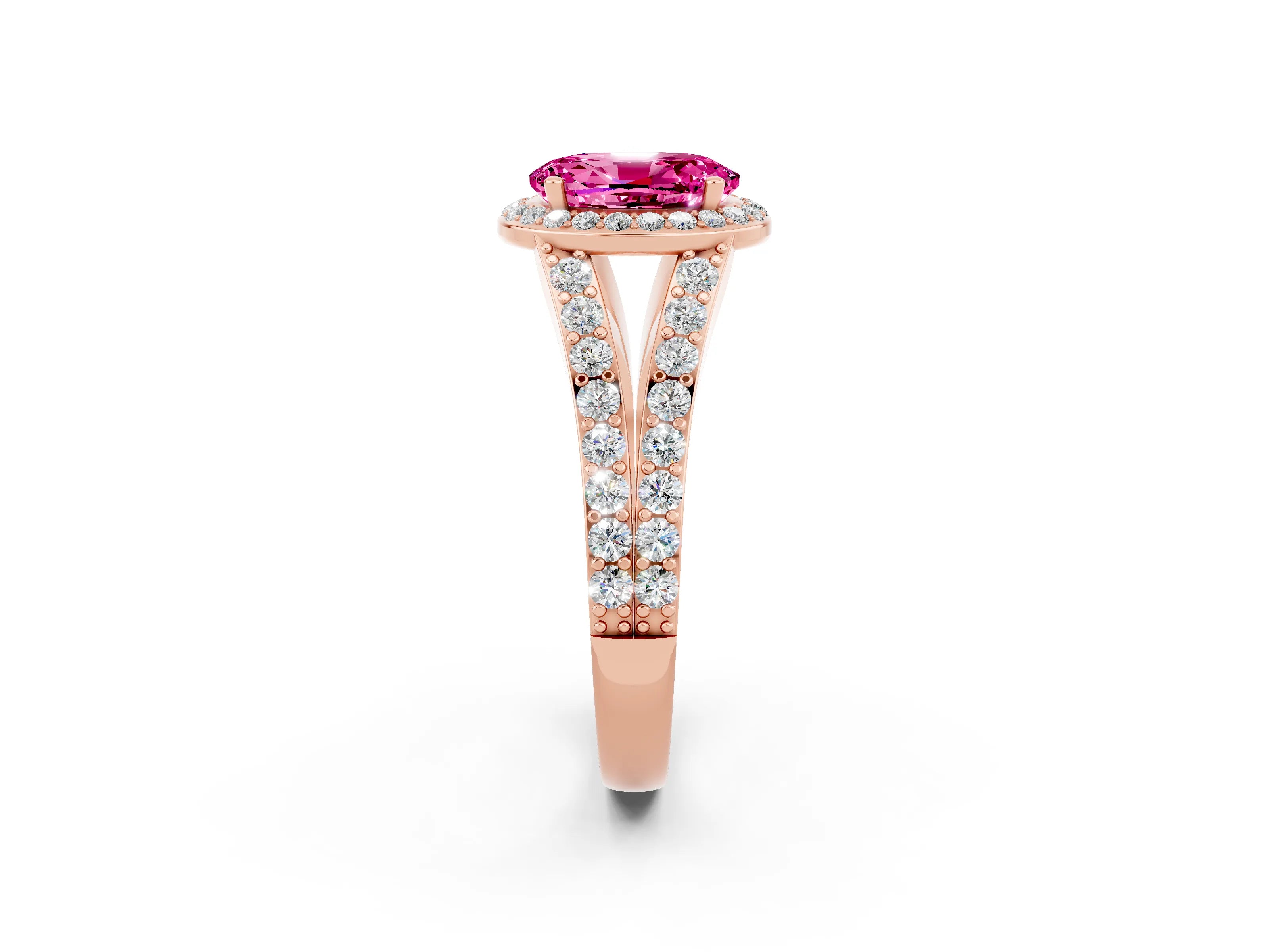Rose gold Oval Cut Pink Sapphire Split Shank Halo Ring with Four-Prong Setting_14