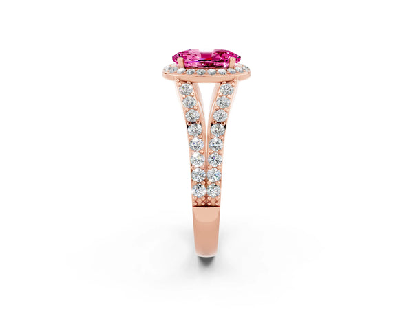 Rose gold Oval Cut Pink Sapphire Split Shank Halo Ring with Four-Prong Setting