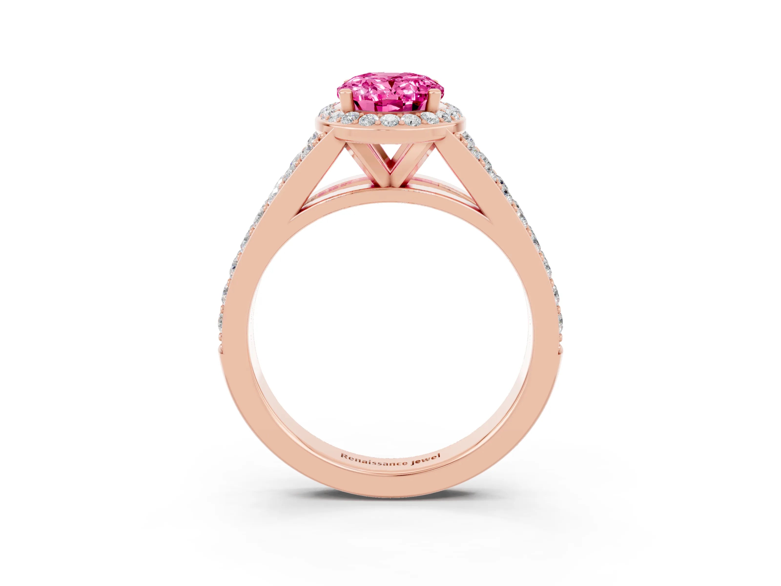 Rose gold Oval Cut Pink Sapphire Split Shank Halo Ring with Four-Prong Setting_15