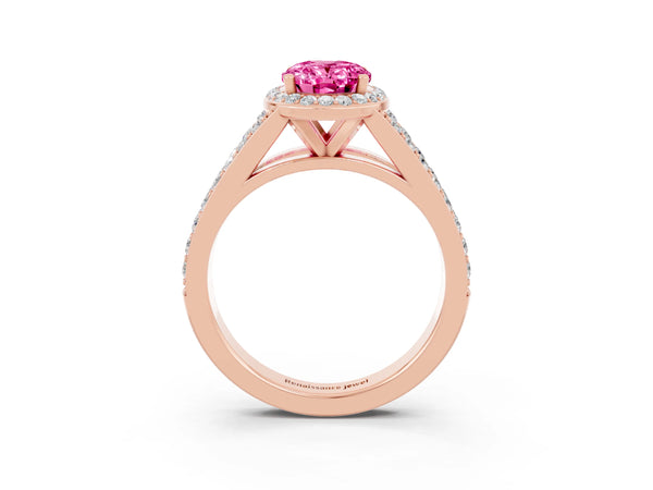 Rose gold Oval Cut Pink Sapphire Split Shank Halo Ring with Four-Prong Setting