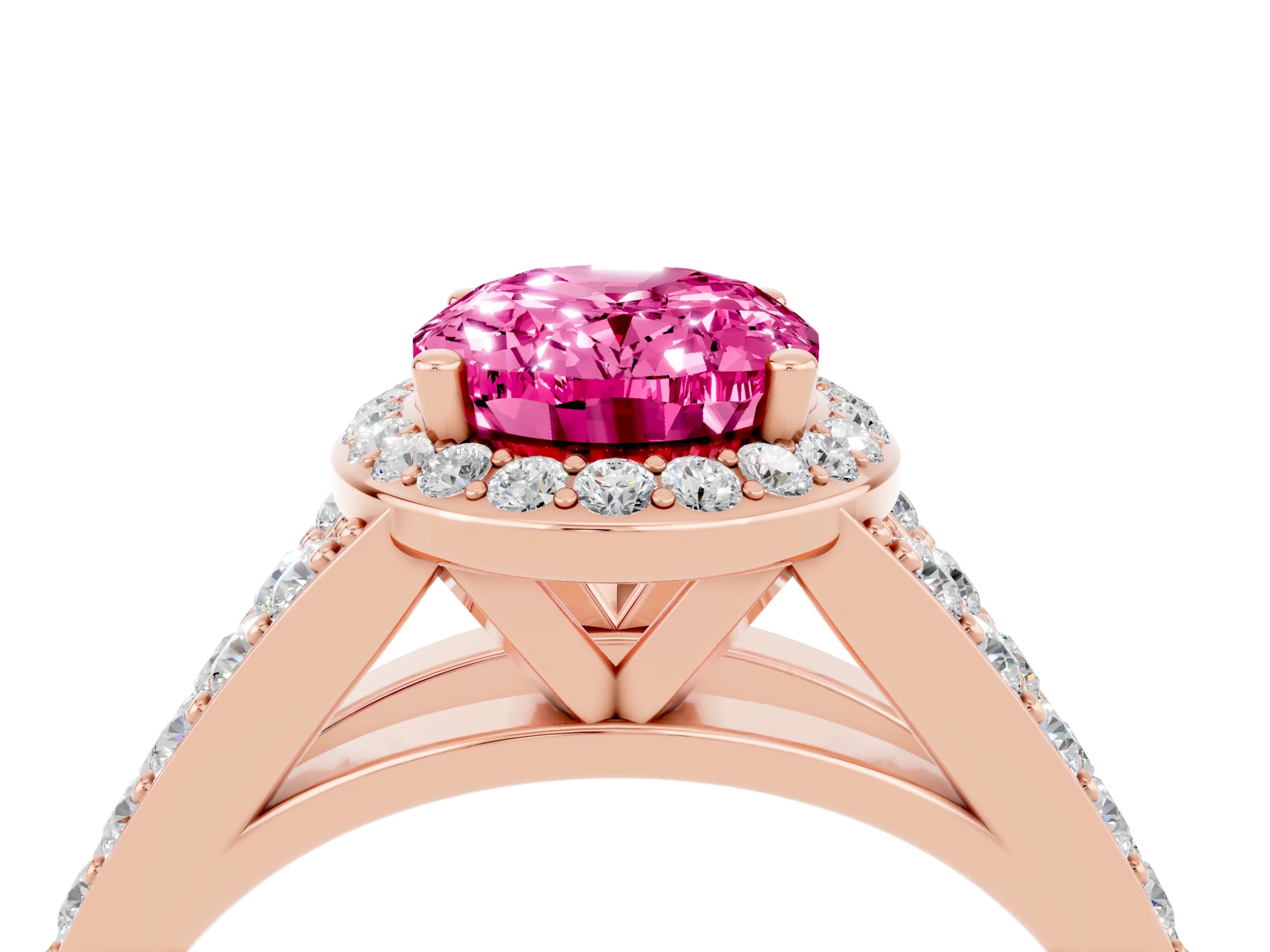 Rose gold Oval Cut Pink Sapphire Split Shank Halo Ring with Four-Prong Setting_16