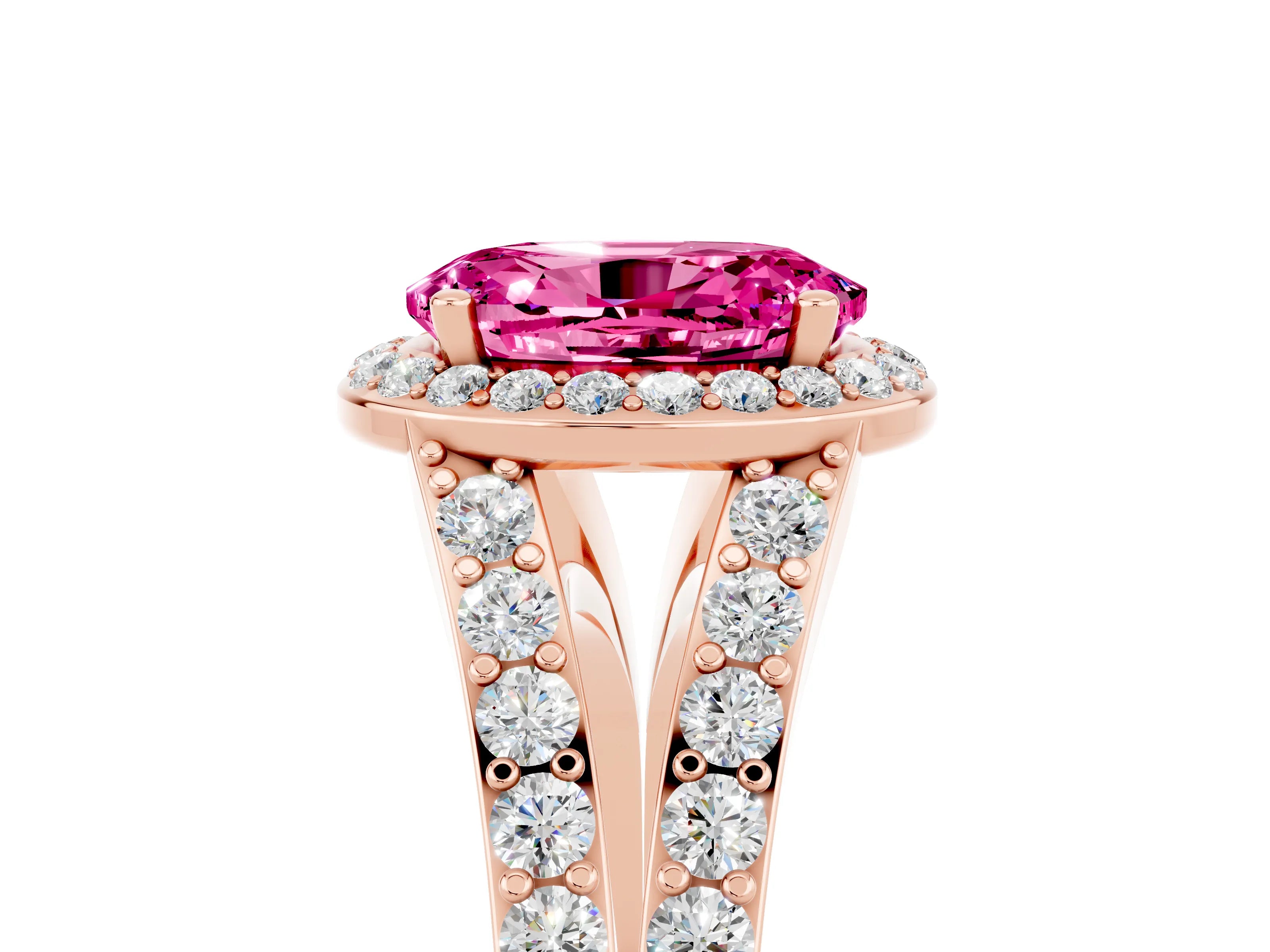 Rose gold Oval Cut Pink Sapphire Split Shank Halo Ring with Four-Prong Setting_17