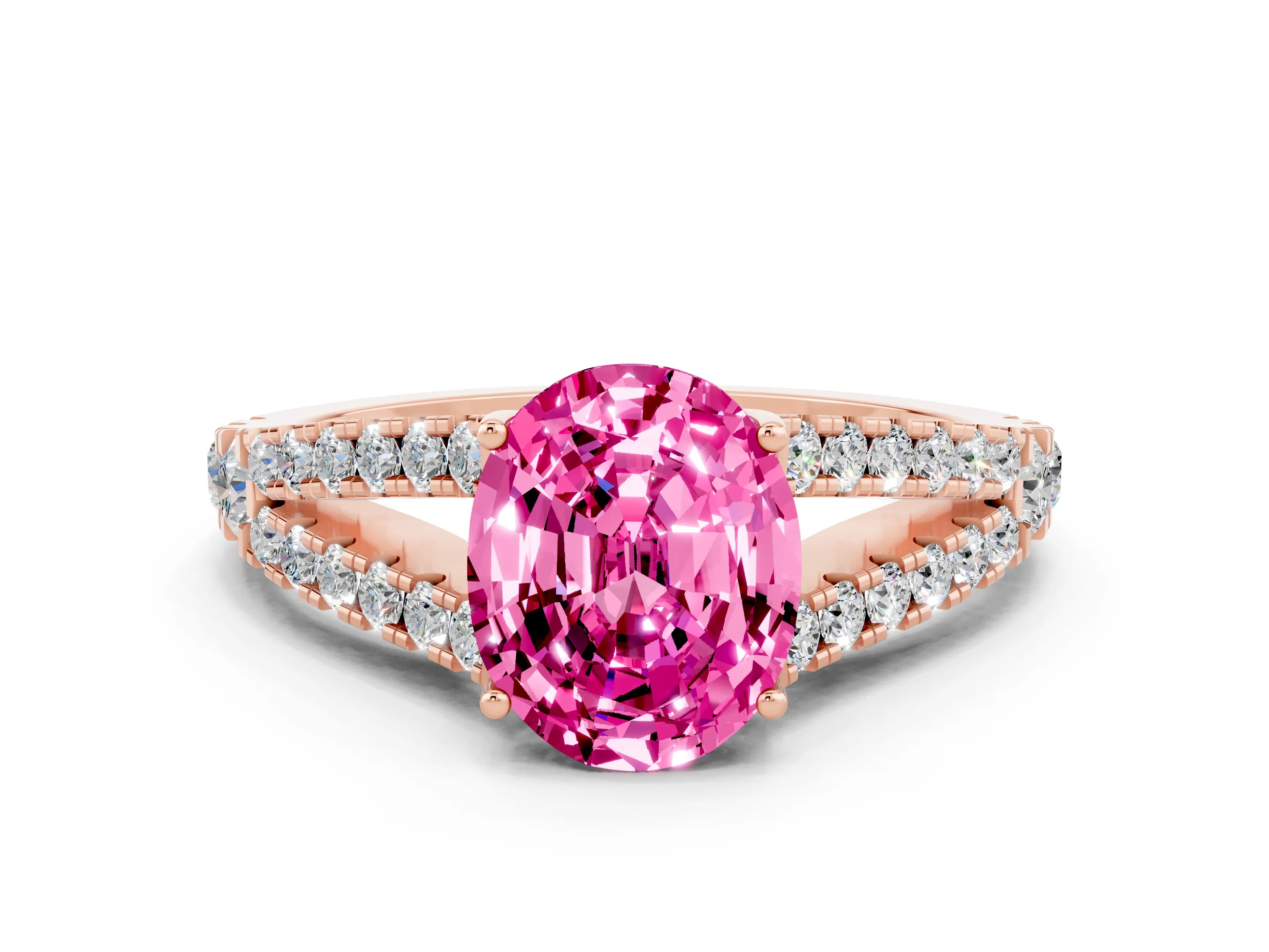 Rose gold Oval Cut Pink Sapphire Split Shank Pavé Engagement Ring with Four-Prong Setting_12