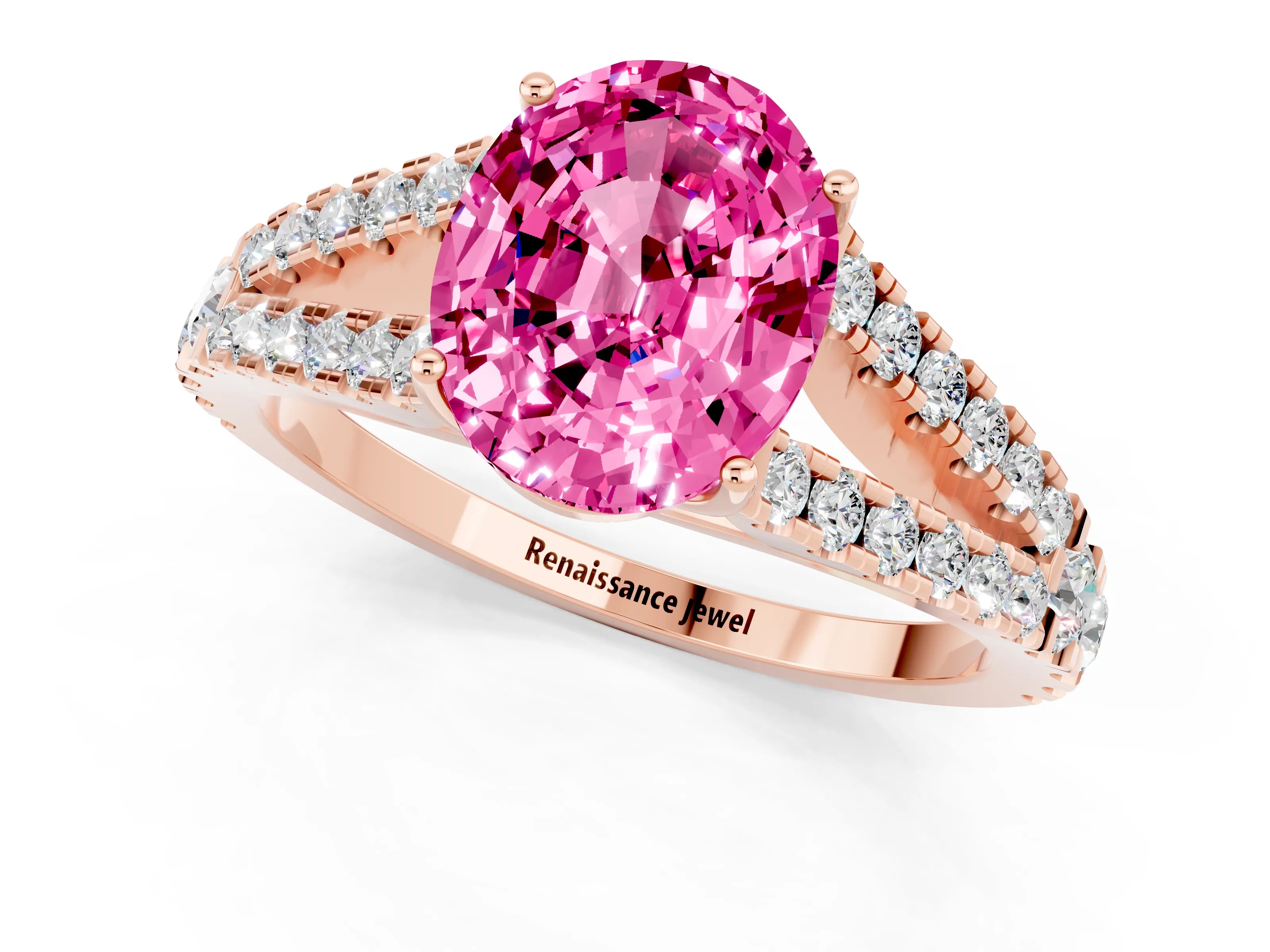 Rose gold Oval Cut Pink Sapphire Split Shank Pavé Engagement Ring with Four-Prong Setting_13