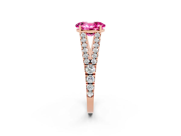 Rose gold Oval Cut Pink Sapphire Split Shank Pavé Engagement Ring with Four-Prong Setting