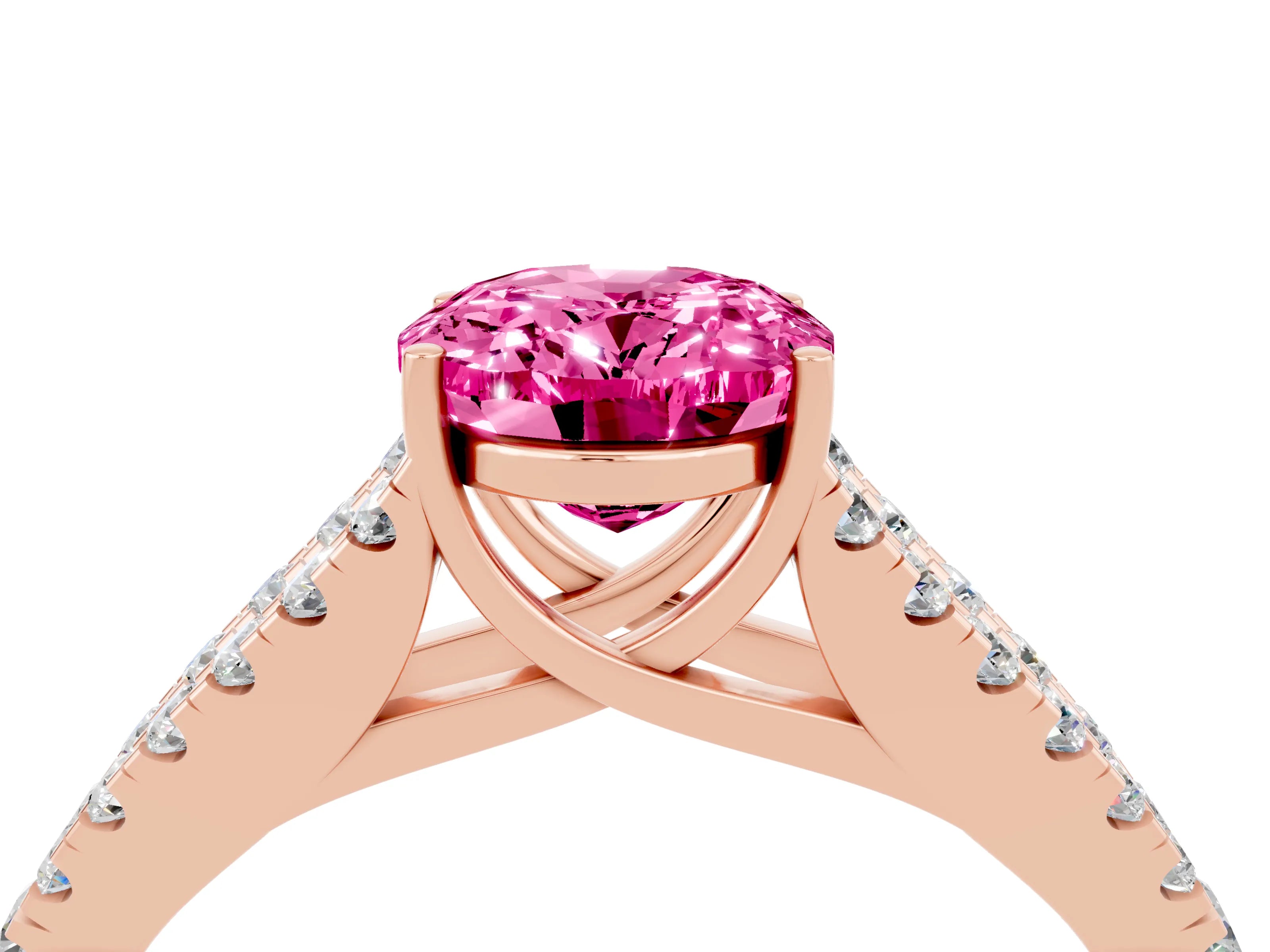 Rose gold Oval Cut Pink Sapphire Split Shank Pavé Engagement Ring with Four-Prong Setting_16