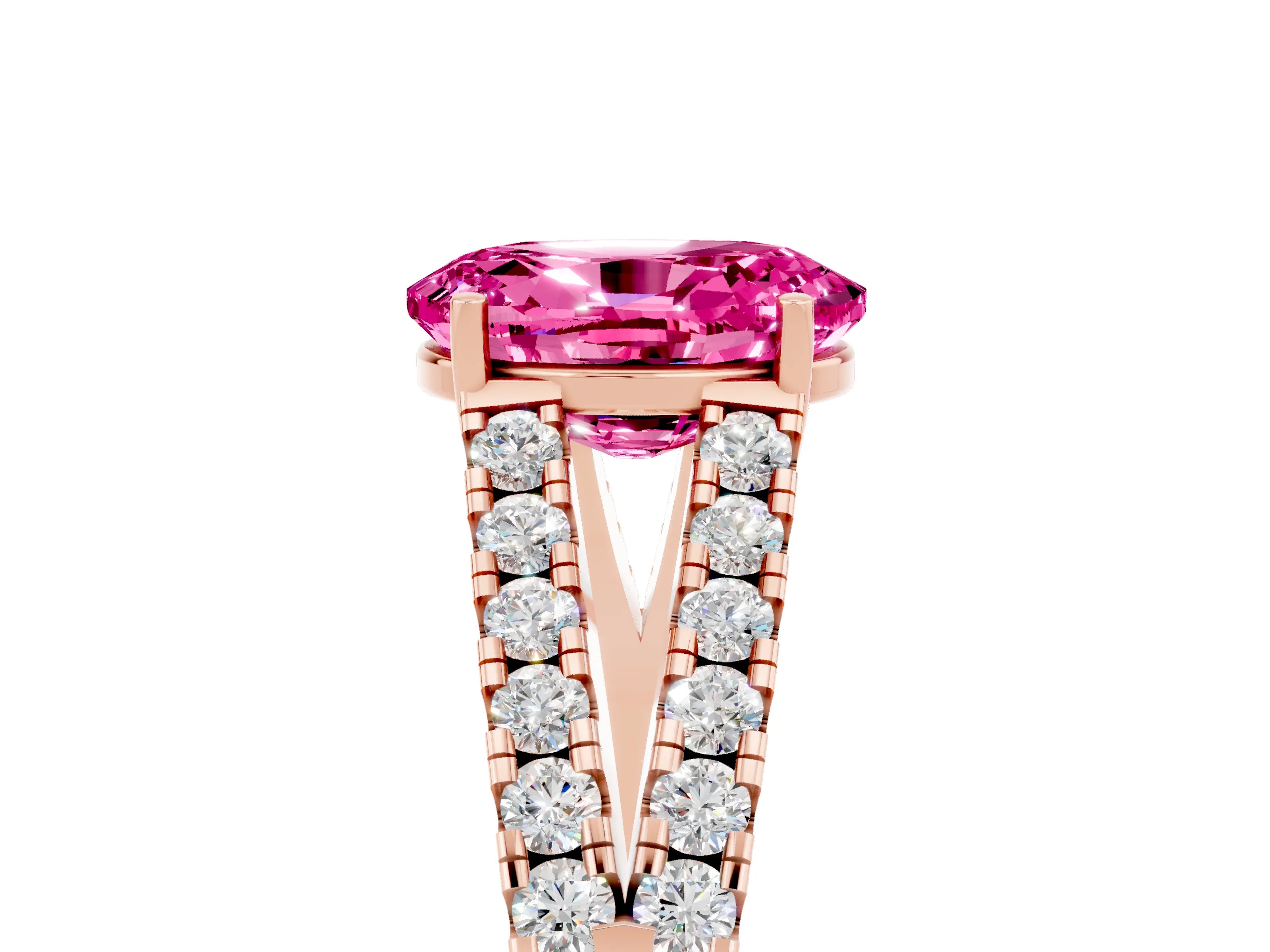 Rose gold Oval Cut Pink Sapphire Split Shank Pavé Engagement Ring with Four-Prong Setting_17