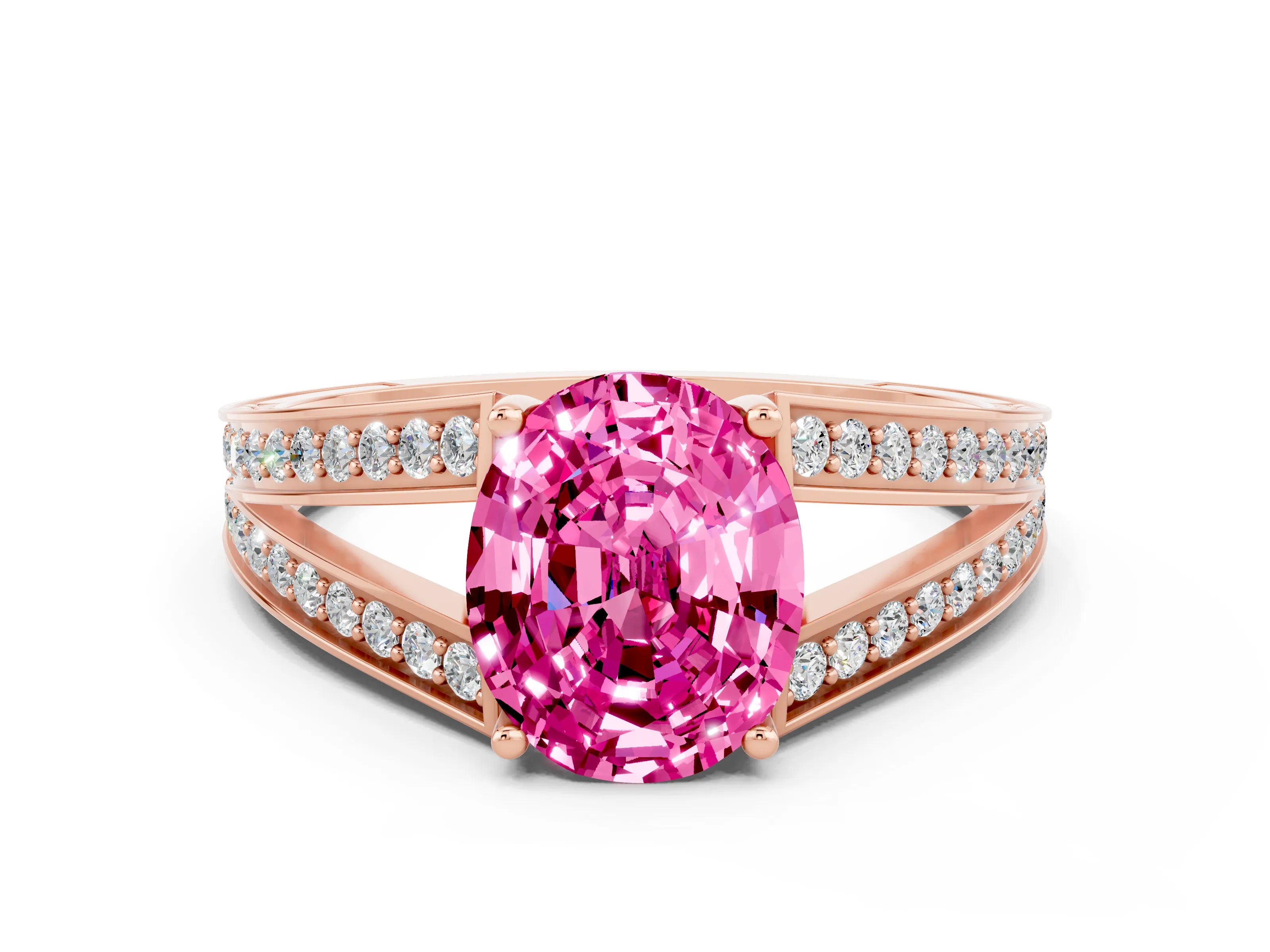 Rose gold Oval Cut Pink Sapphire Split Shank Ring with Pavé Band and Four-Prong Setting