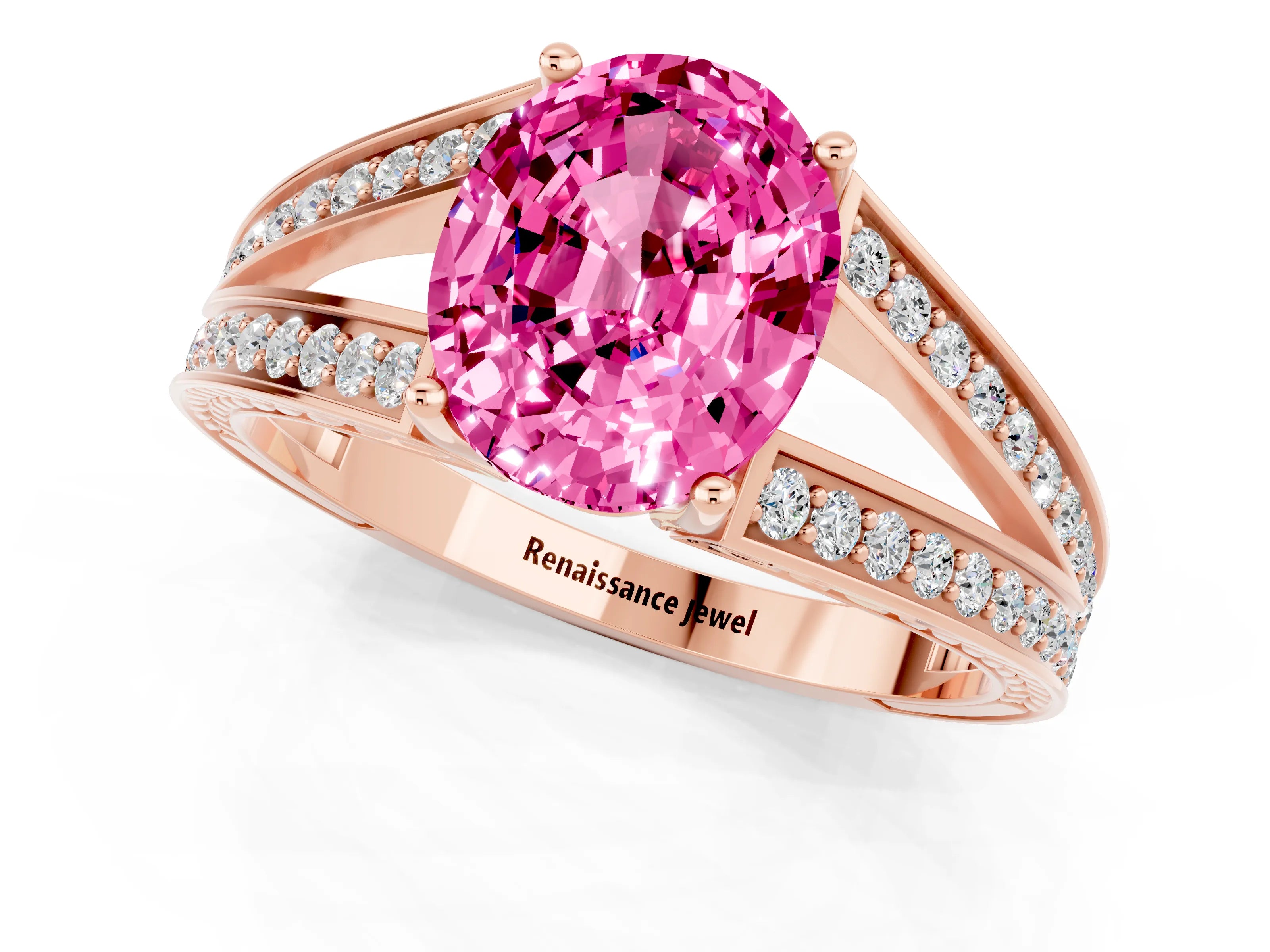 Rose gold Oval Cut Pink Sapphire Split Shank Ring with Pavé Band and Four-Prong Setting_1
