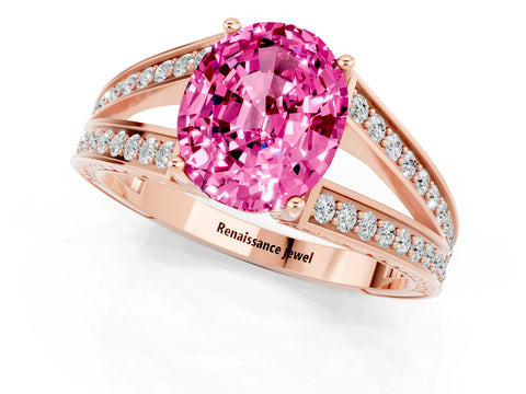 Rose gold Oval Cut Pink Sapphire Split Shank Ring with Pavé Band and Four-Prong Setting_1