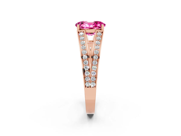 Rose gold Oval Cut Pink Sapphire Split Shank Ring with Pavé Band and Four-Prong Setting