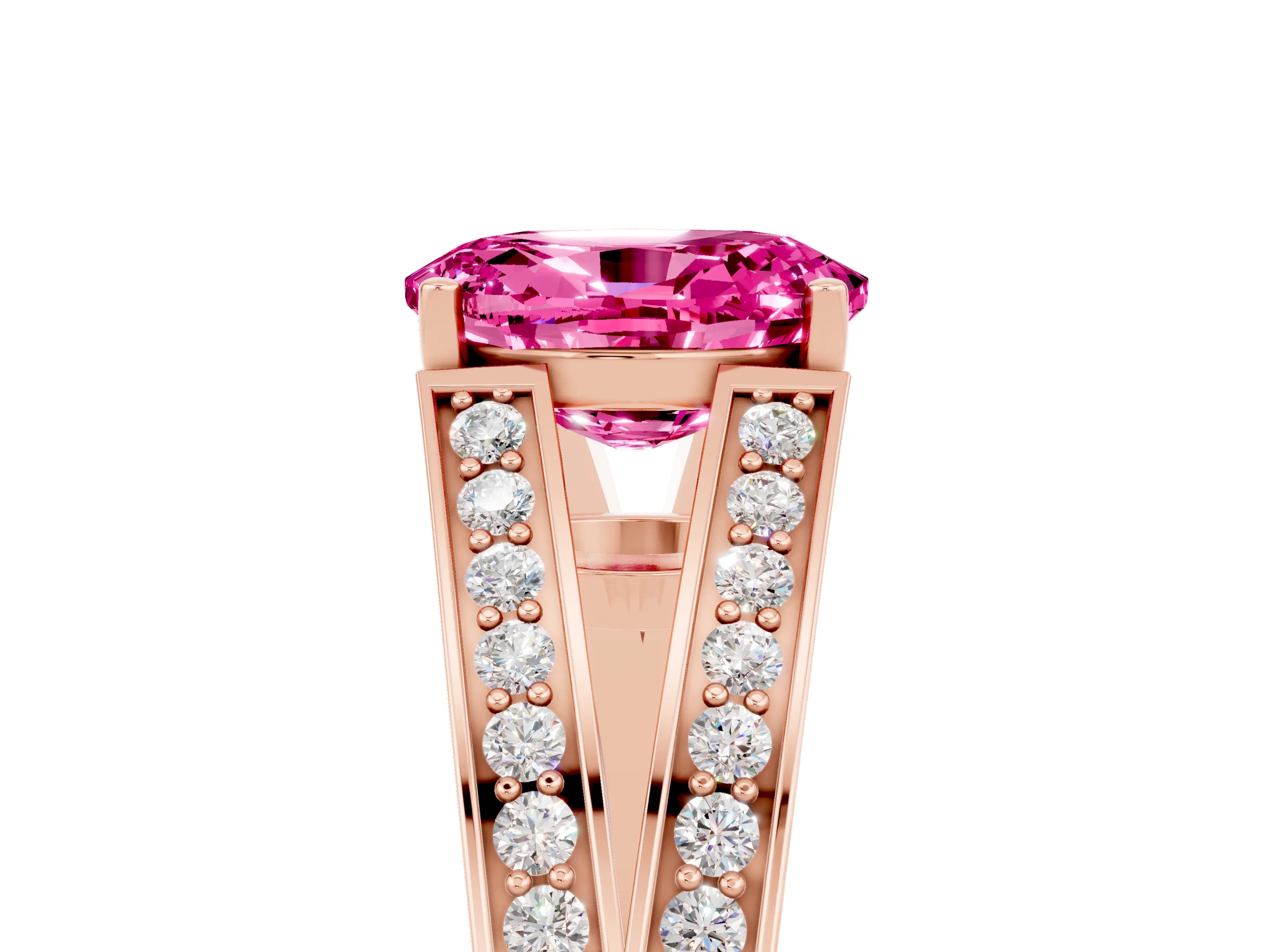 Rose gold Oval Cut Pink Sapphire Split Shank Ring with Pavé Band and Four-Prong Setting_5