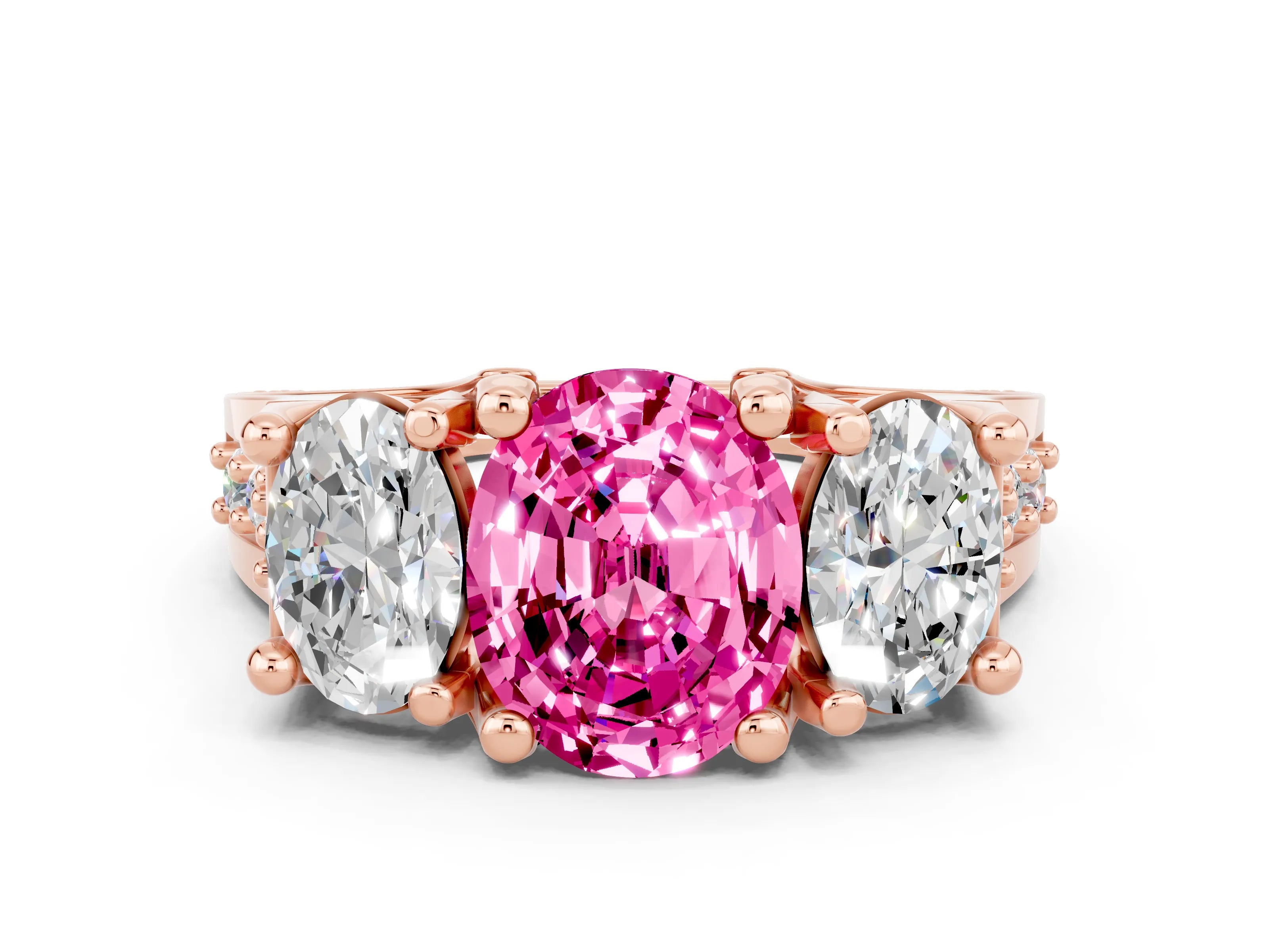 Rose gold Oval Cut Pink Sapphire Three-Stone Ring with Channel Set Band and Four-Prong Setting