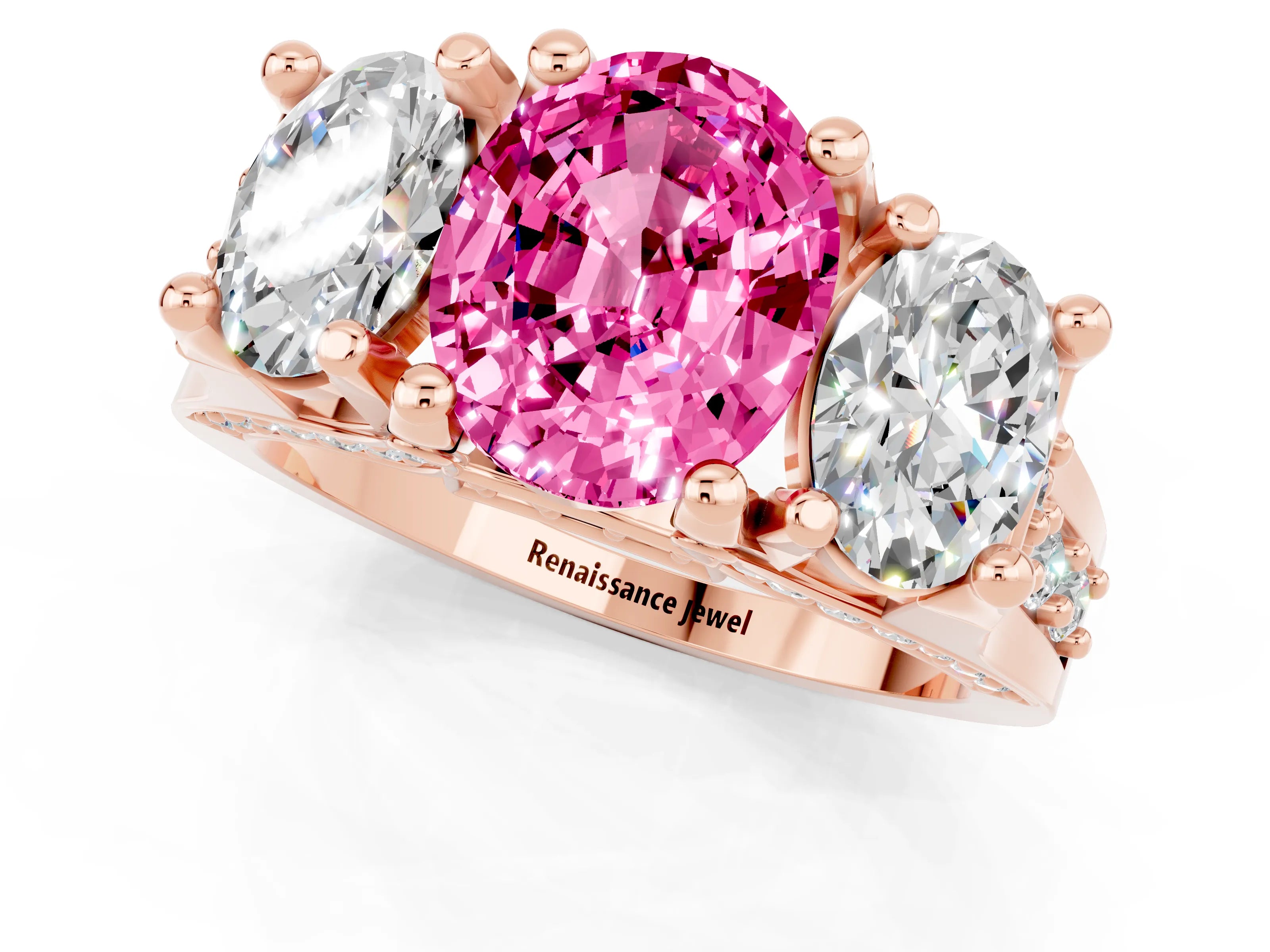 Rose gold Oval Cut Pink Sapphire Three-Stone Ring with Channel Set Band and Four-Prong Setting_1