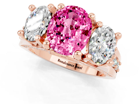 Rose gold Oval Cut Pink Sapphire Three-Stone Ring with Channel Set Band and Four-Prong Setting_1