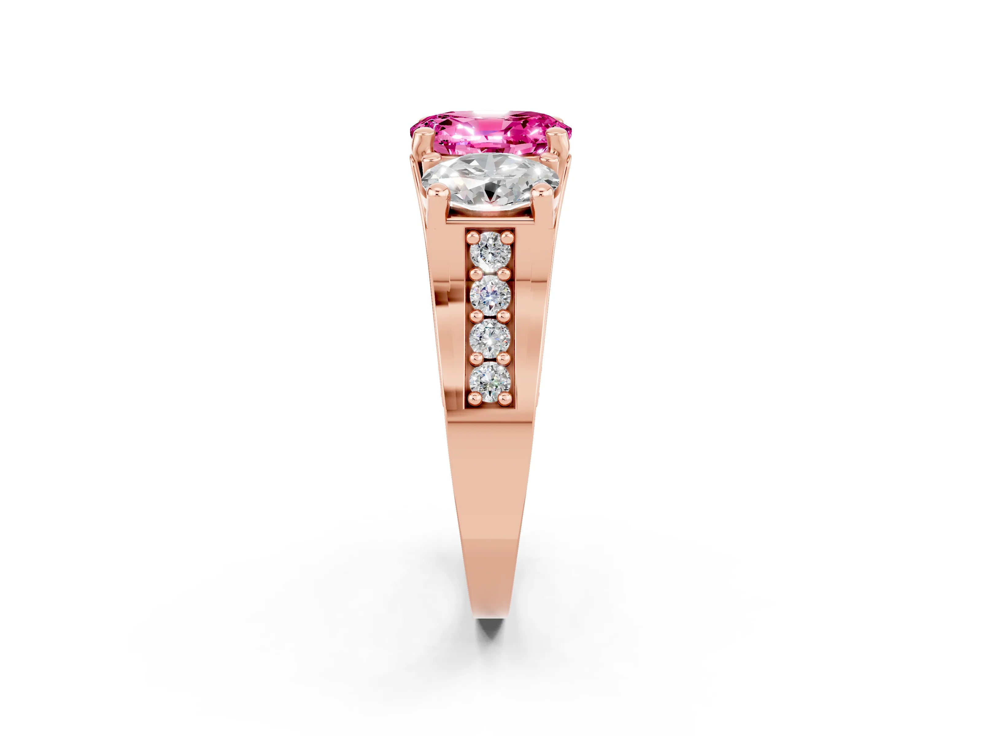 Rose gold Oval Cut Pink Sapphire Three-Stone Ring with Channel Set Band and Four-Prong Setting_2