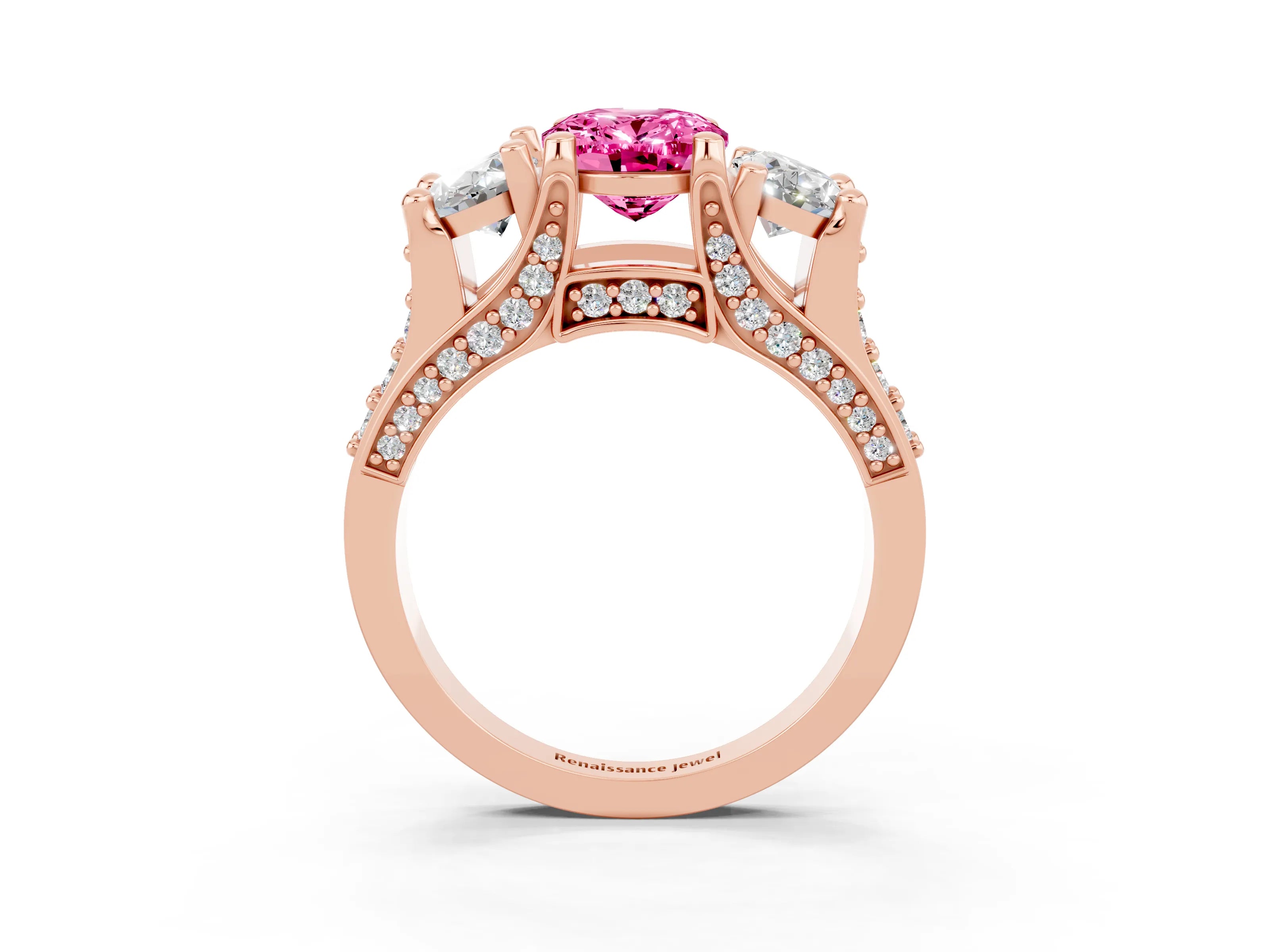 Rose gold Oval Cut Pink Sapphire Three-Stone Ring with Channel Set Band and Four-Prong Setting_3