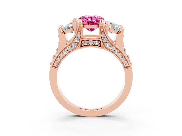 Rose gold Oval Cut Pink Sapphire Three-Stone Ring with Channel Set Band and Four-Prong Setting