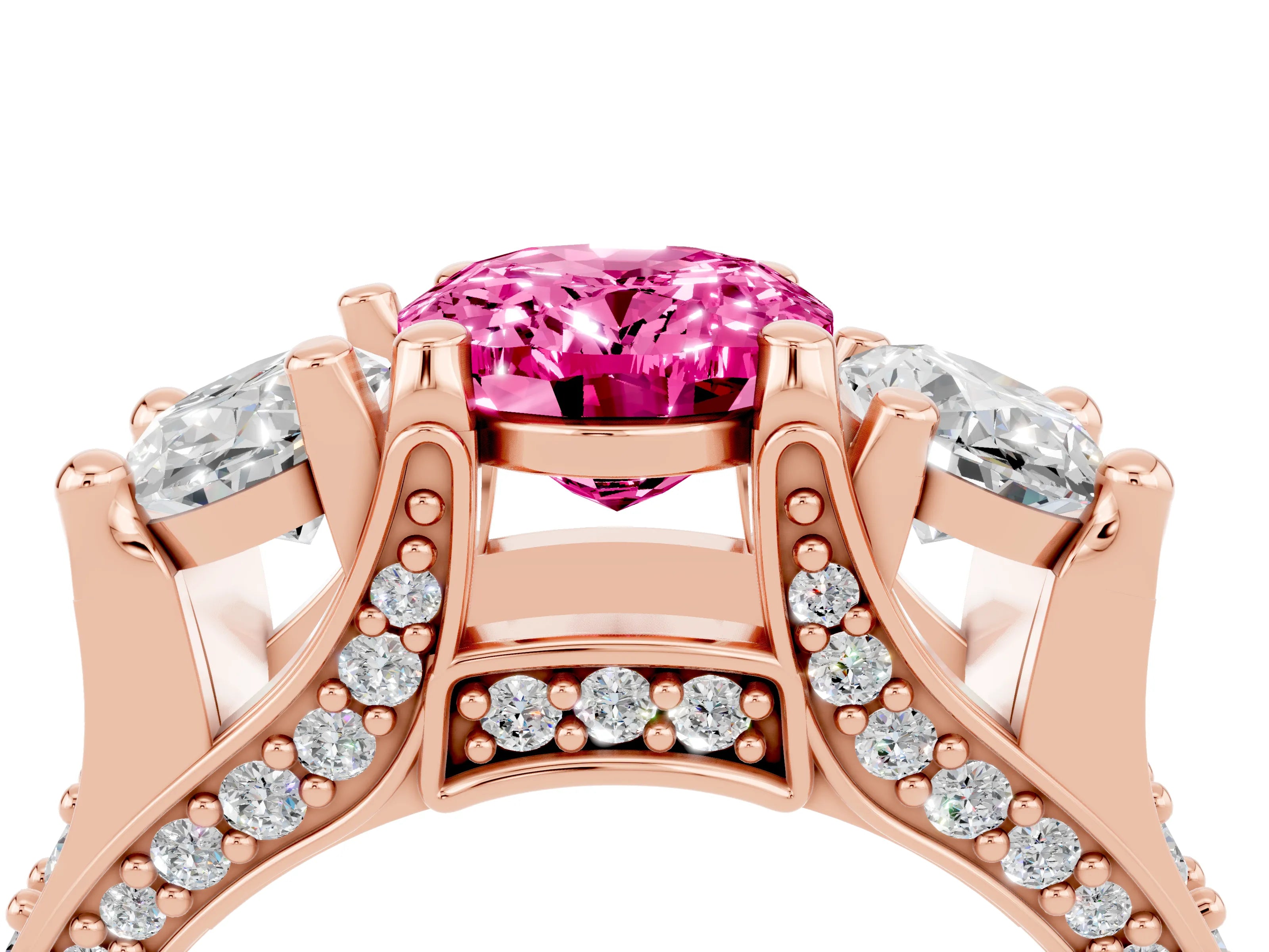 Rose gold Oval Cut Pink Sapphire Three-Stone Ring with Channel Set Band and Four-Prong Setting_4