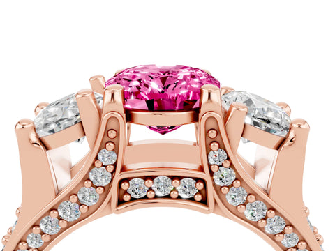 Rose gold Oval Cut Pink Sapphire Three-Stone Ring with Channel Set Band and Four-Prong Setting_4