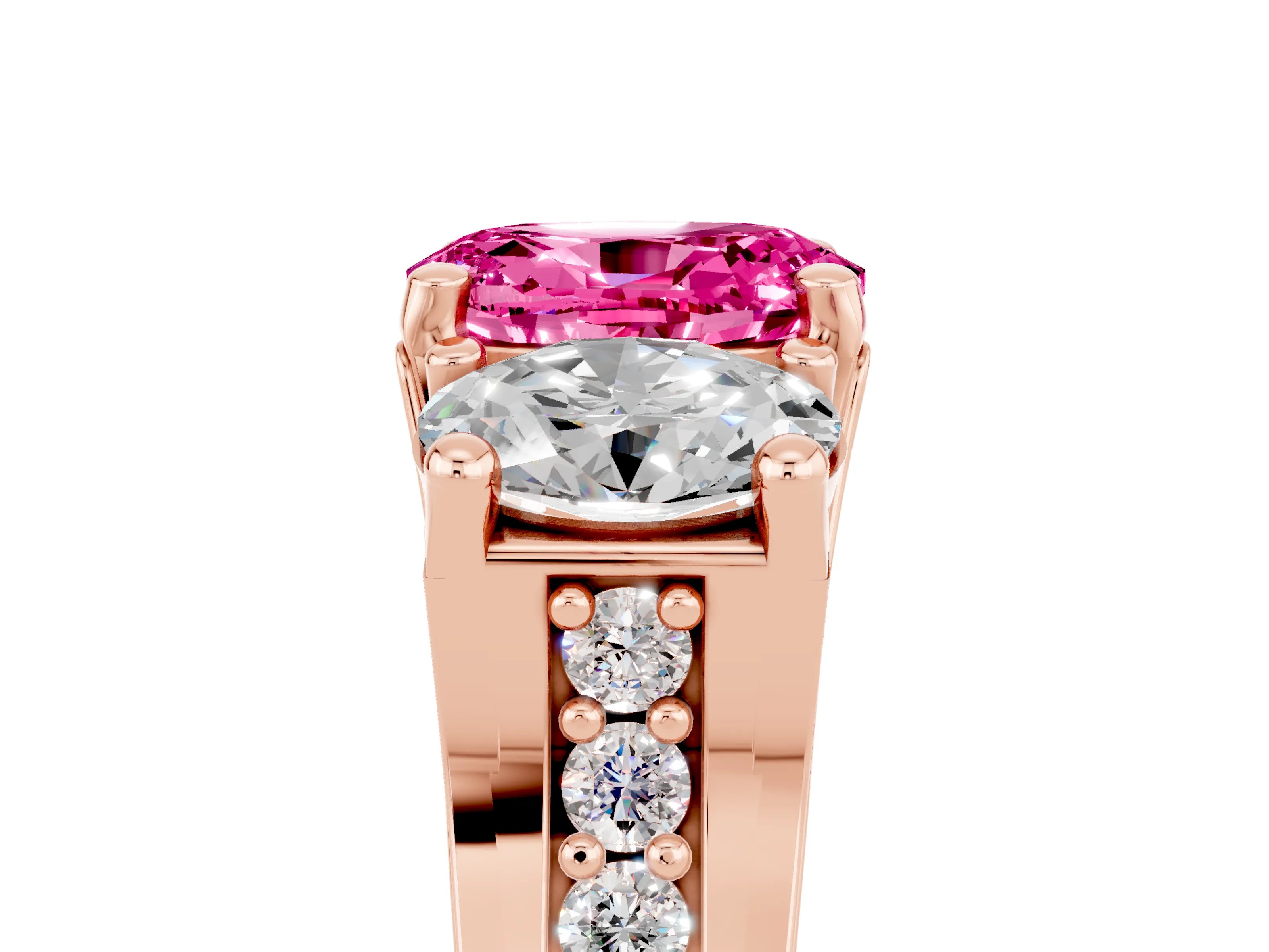 Rose gold Oval Cut Pink Sapphire Three-Stone Ring with Channel Set Band and Four-Prong Setting_5