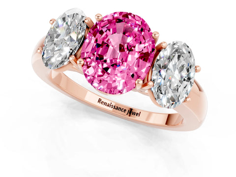 Rose gold Oval Cut Pink Sapphire Three-Stone Ring with Four-Prong Setting and Classic Band_1