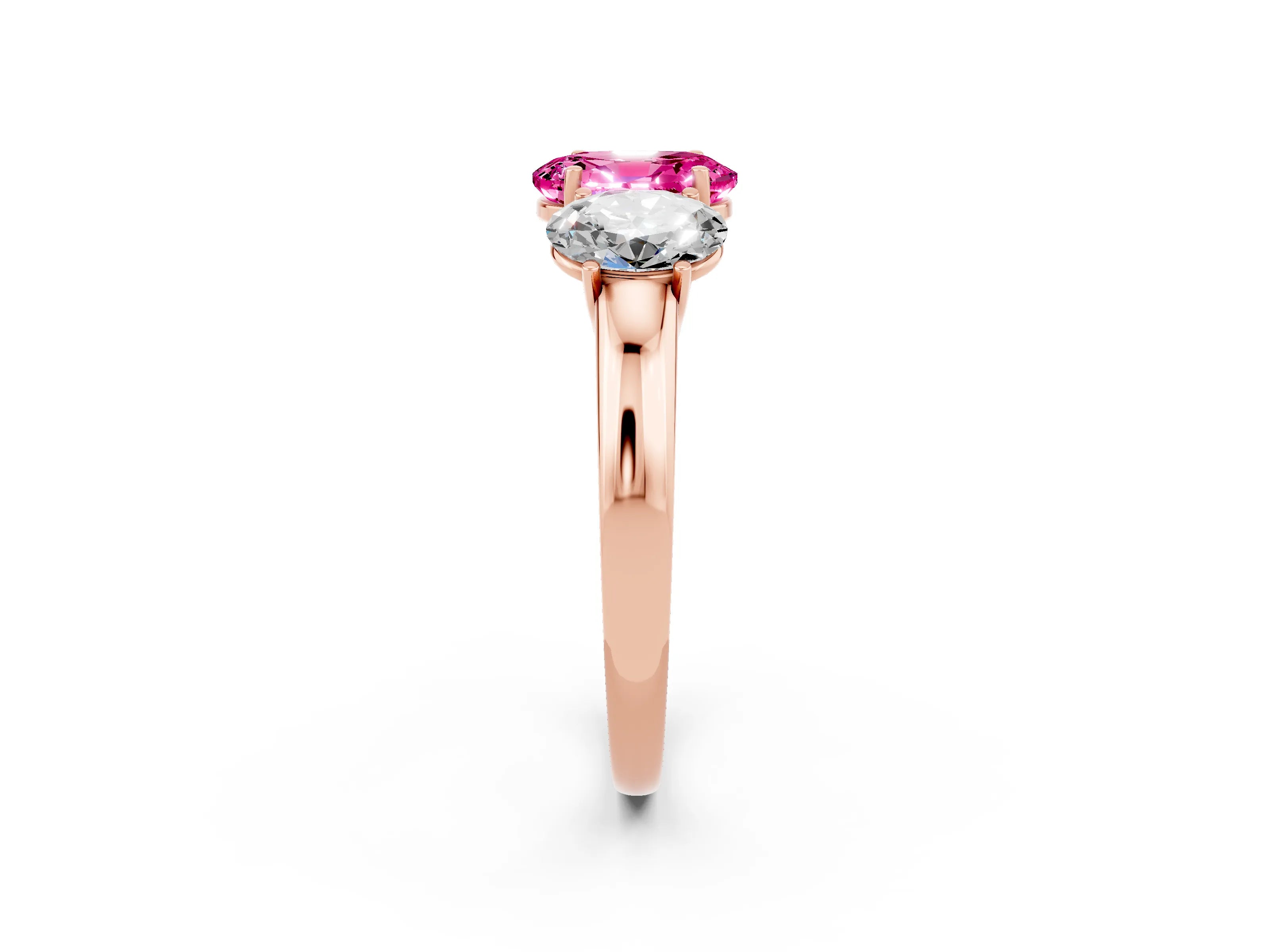 Rose gold Oval Cut Pink Sapphire Three-Stone Ring with Four-Prong Setting and Classic Band_2
