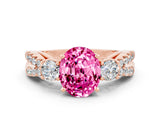 Rose gold Oval Cut Pink Sapphire Three-Stone Ring with Pavé Split Shank and Four-Prong Setting_36