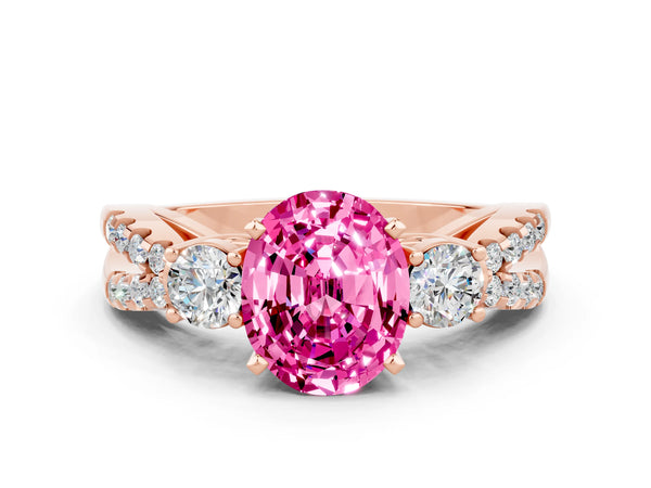 Rose gold Oval Cut Pink Sapphire Three-Stone Ring with Pavé Split Shank and Four-Prong Setting